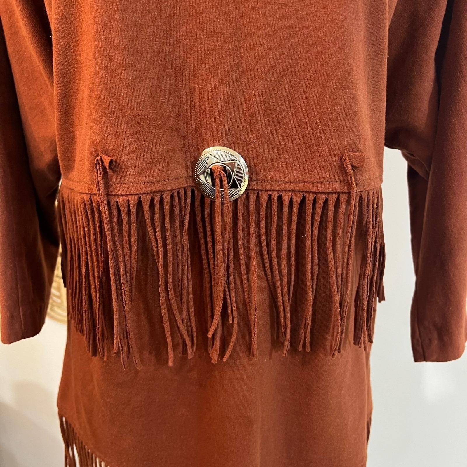 Vintage Western Fringe Tunic Top Rust Brown Boho Cowgirl Concho Size L