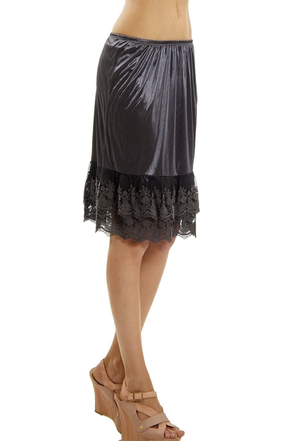 Melody Charcoal 24&Prime; Half Slip With Double Lace Ruffle Skirt Size Small
