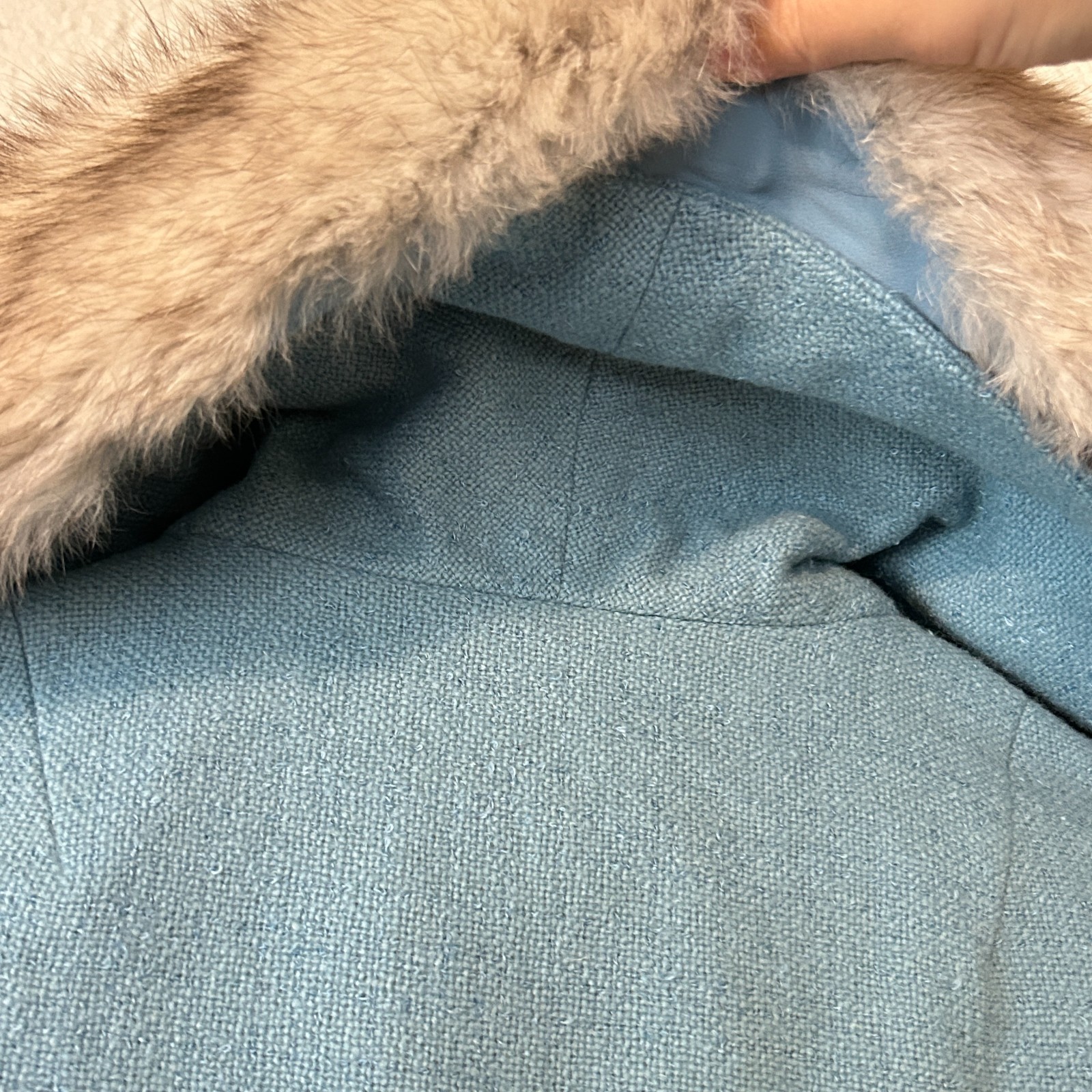 1960s Lilli Ann Wool Boucle Jacket Pencil Skirt Fox Fur Trim Collar Blue Wool