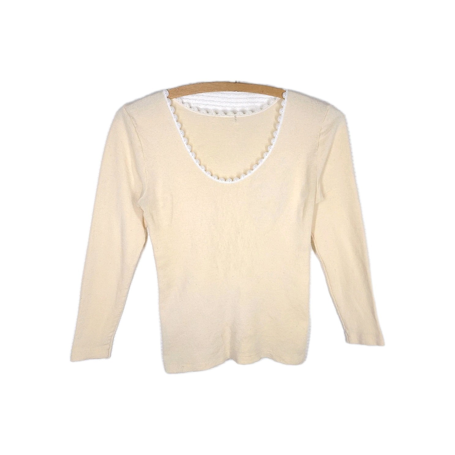 Vintage Fine Wool Thermal Shirt Crochet Scallop Edge Women Small Winter Layer