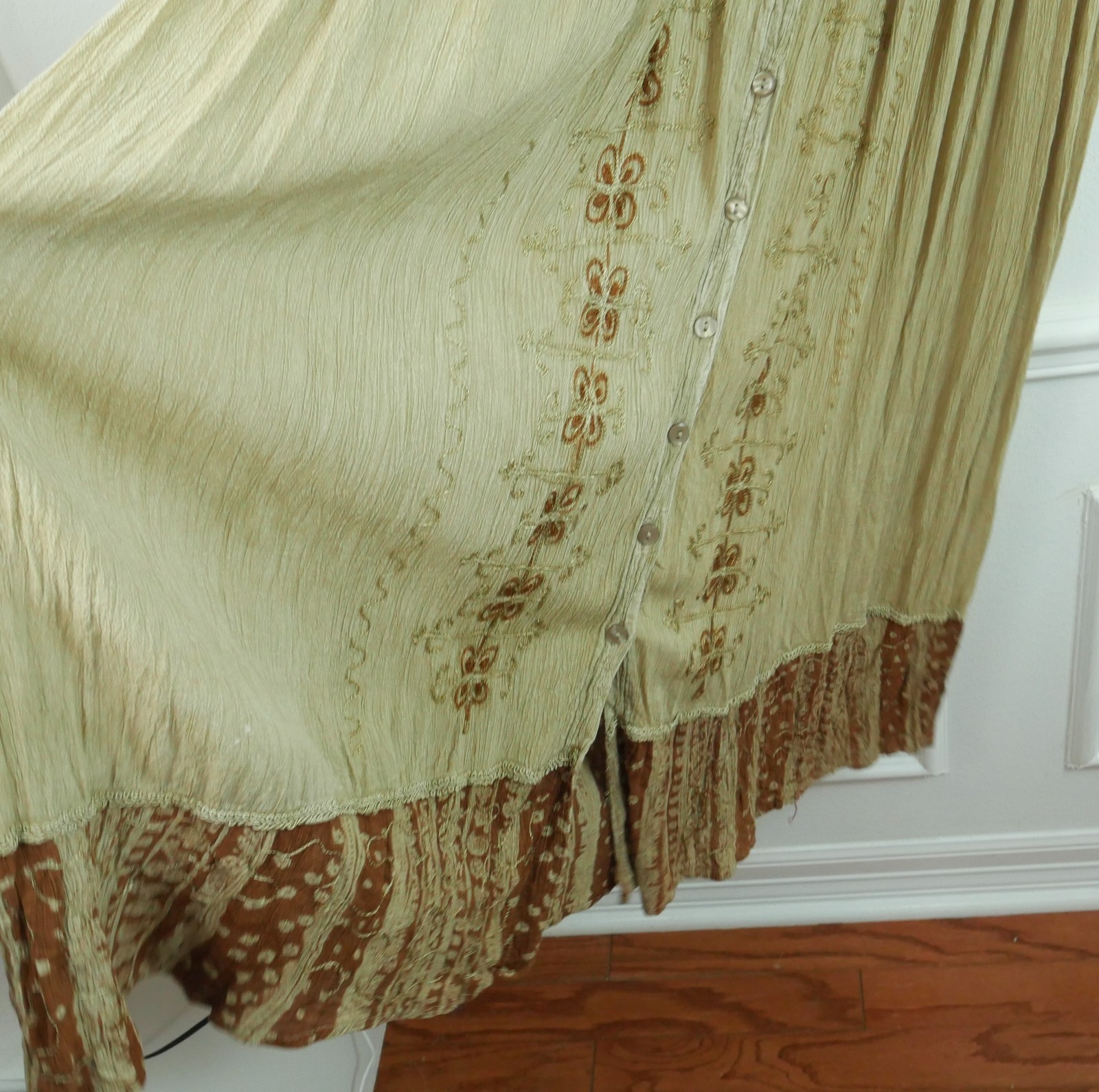 Vintage 90s XL Maxi Dress Embroidered Crinkle Festival Grunge Renaissance Button
