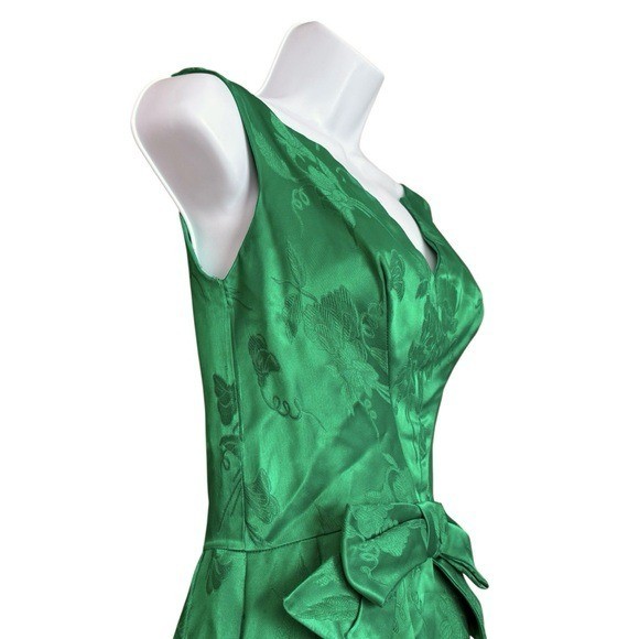 Vtg 50’sUnion Made Mardi Gras emerald green brocade cocktail dress bow detail XS