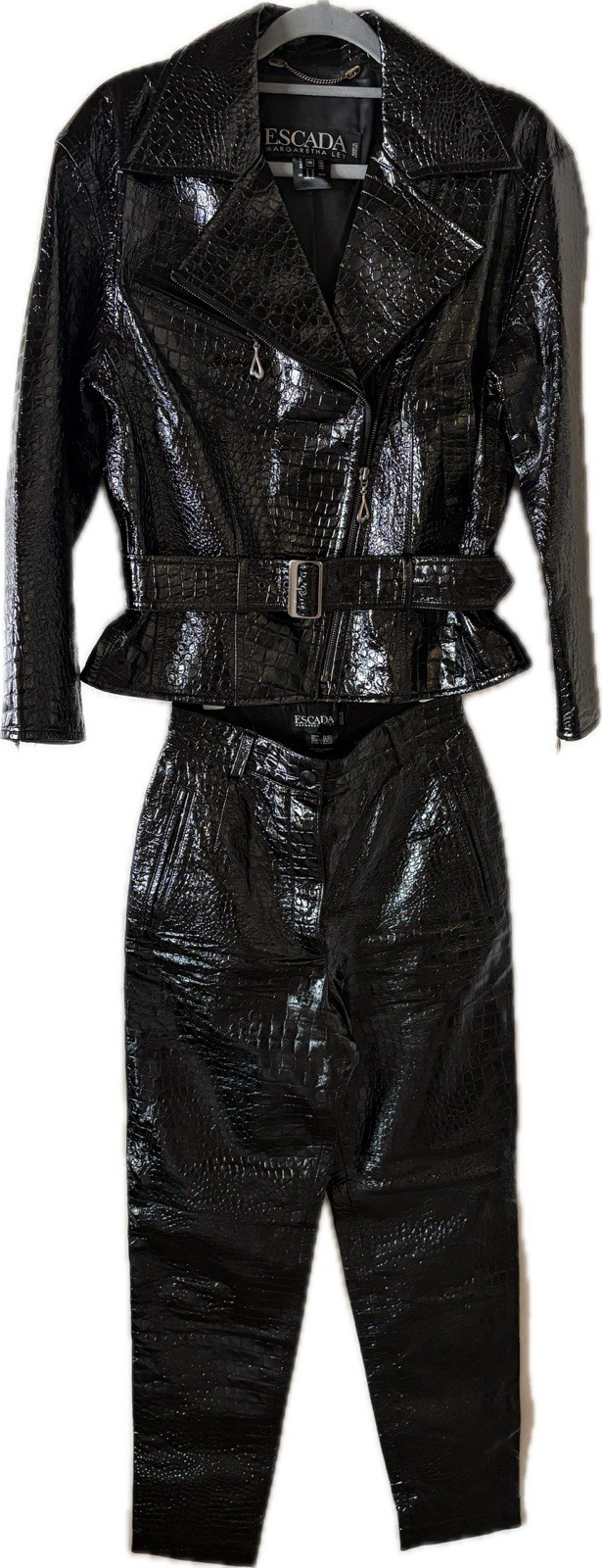 Rare Escada Margaretha Ley Pantsuit Set Leather Croc Embossed Moto EU 34/36