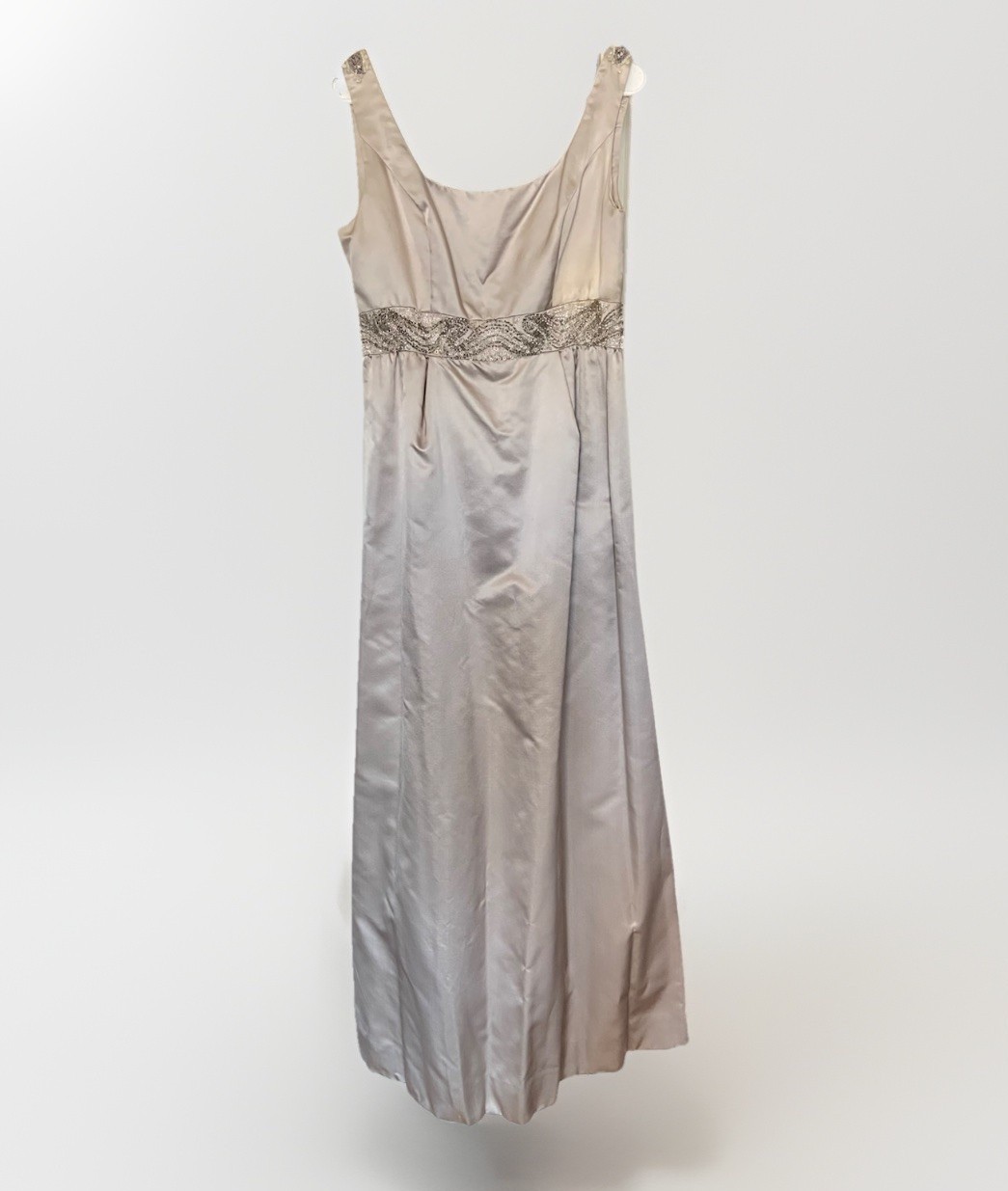Vtg 1960s Hand-Beaded Satin Gala Gown Silver Mercury Column Dress ILGWU Sz 8/10