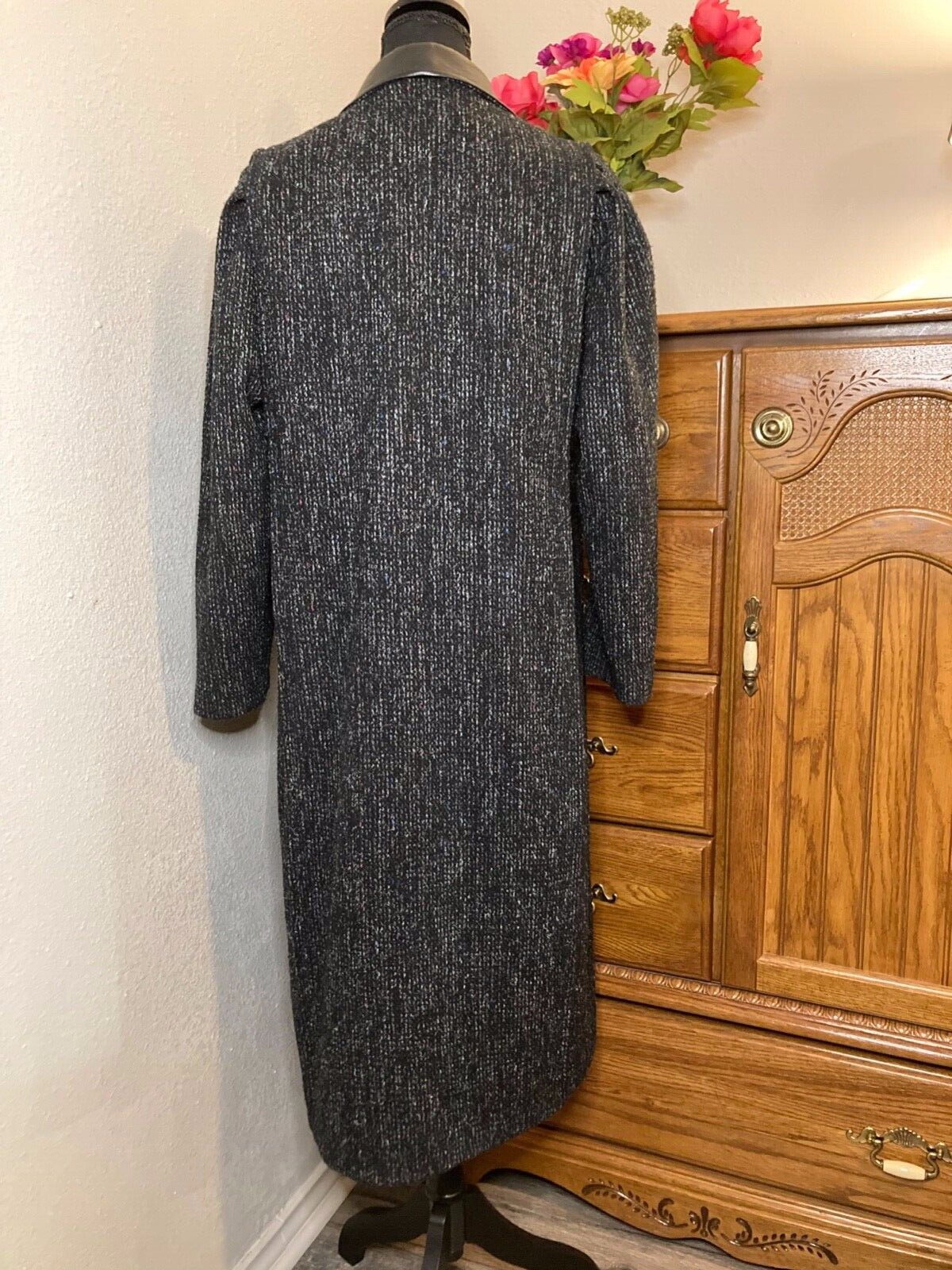 BBI Black Women&rsquo;s Vintage Textured Tweed Wool Overcoat w/ Leather Trim L XL 