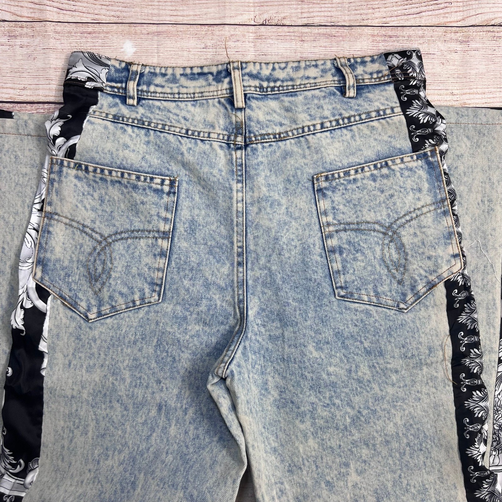 Y2K Custom Versace Vintage Inspired Denim Baroque Bandana Side Stripe Size Large