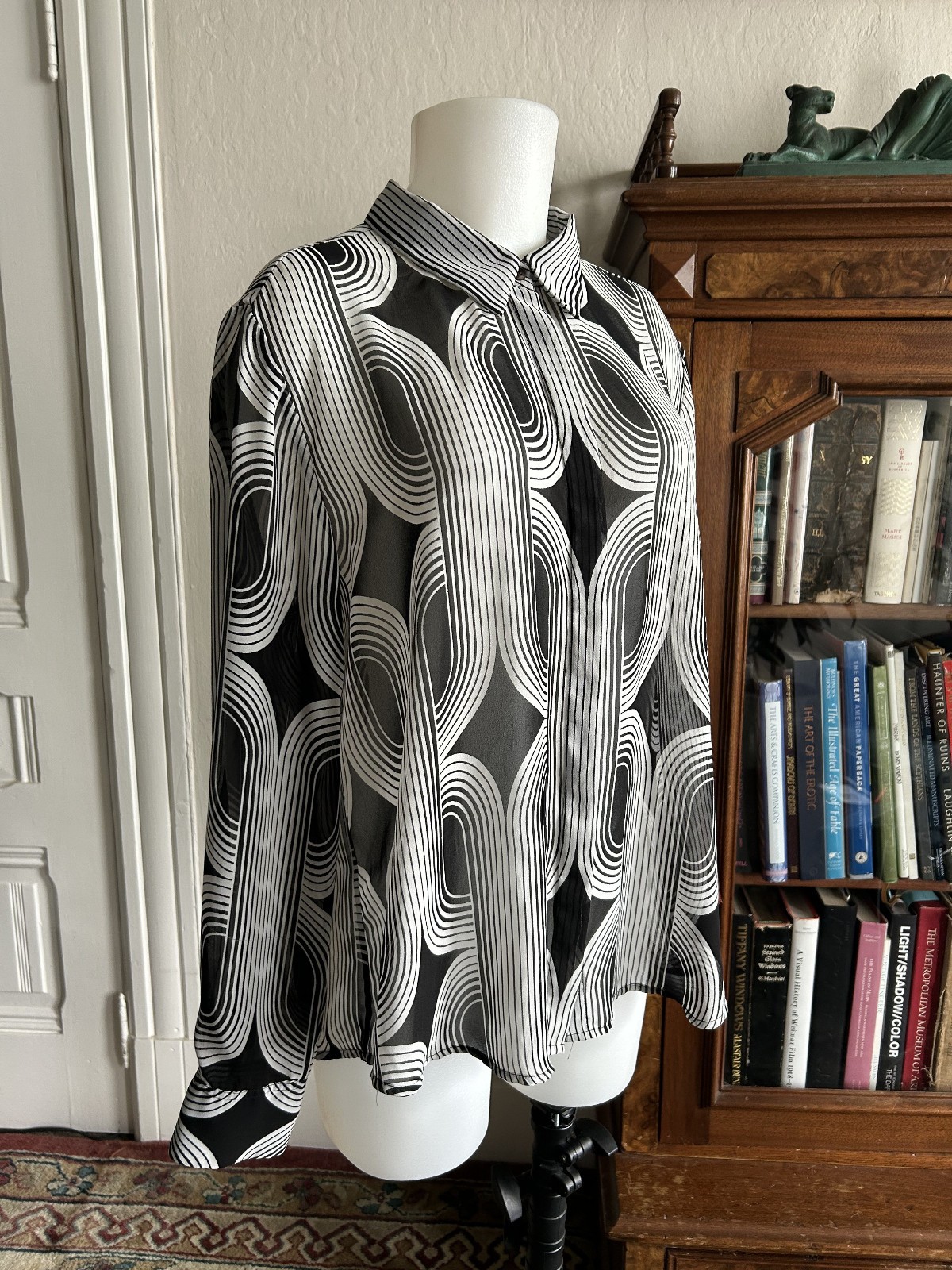 Vintage 1990s Y2k Sheer Black & White Op Art Button Up Blouse Deco Raver Med Lg