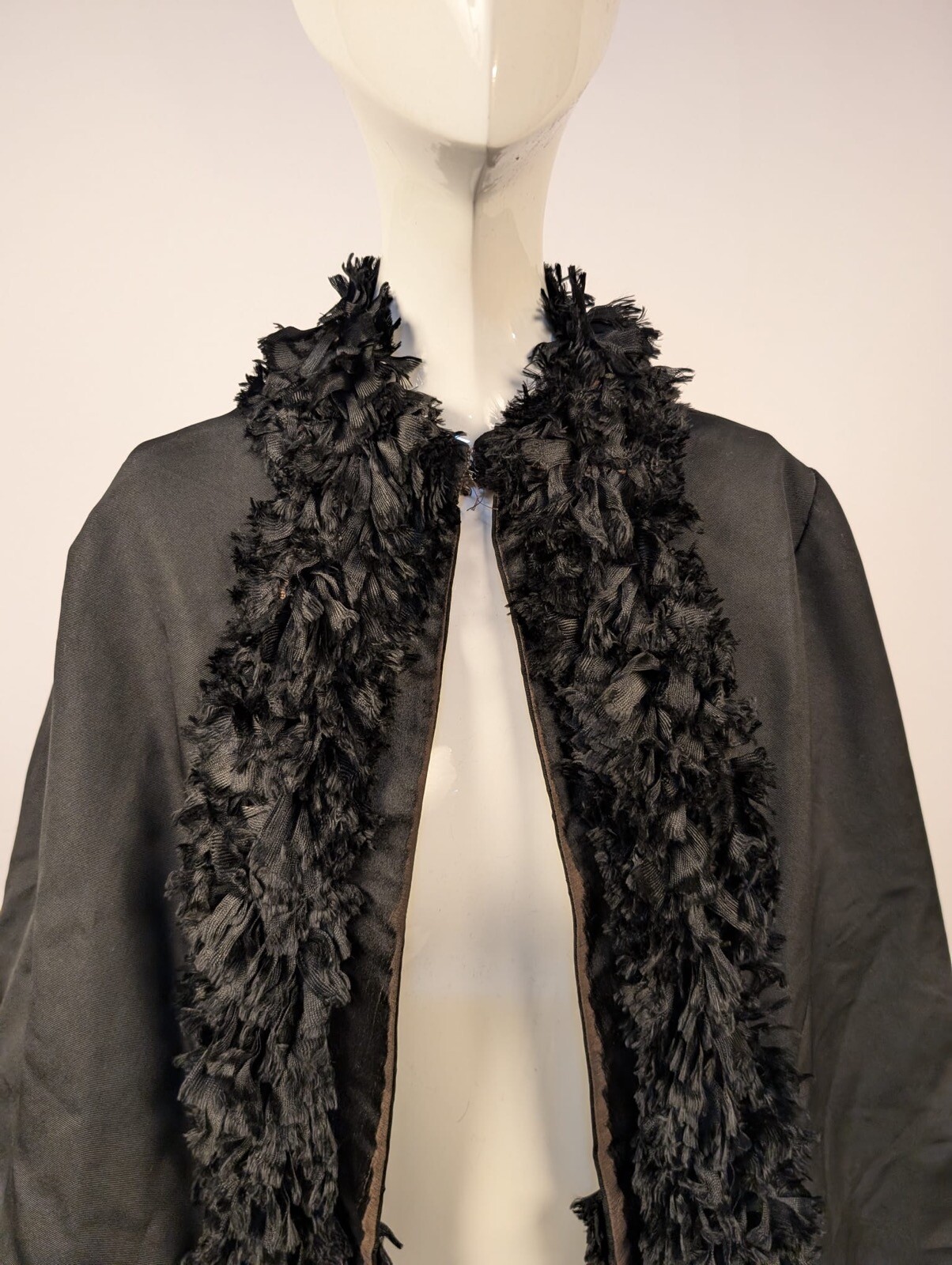 GOTHIC VICTORIAN 1880’S BUSTLE BACK CAPE W FEATHERED RUFFLE TRIMS