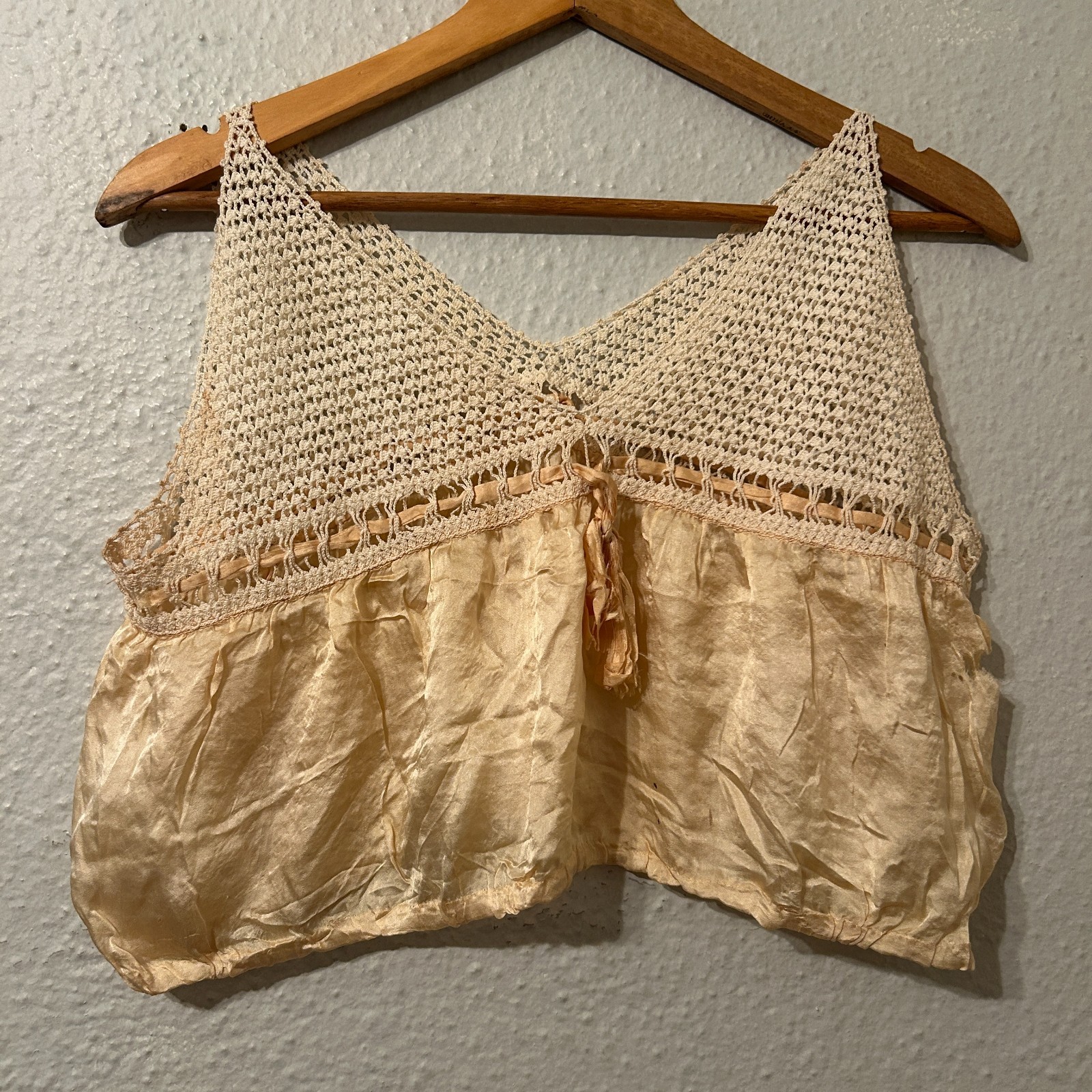 Antique Edwardian Corset Cover Camisole Crochet Lace Silk Lingerie Yellow