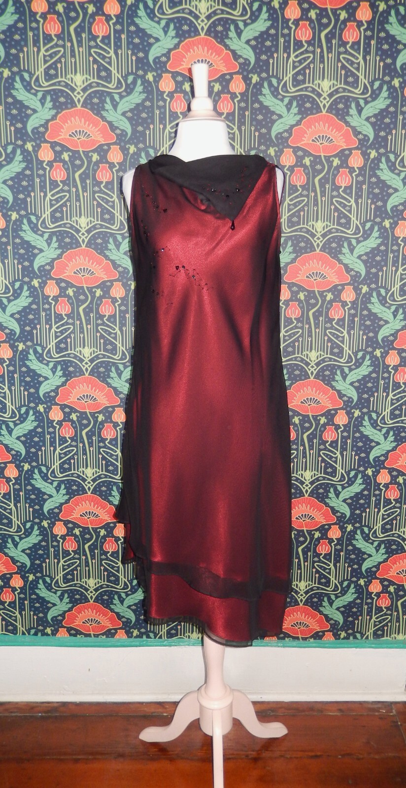 Vintage 90&rsquo;s Y2K Black Red Beaded Asymmetrical Whimsigoth Shift Cocktail Dress