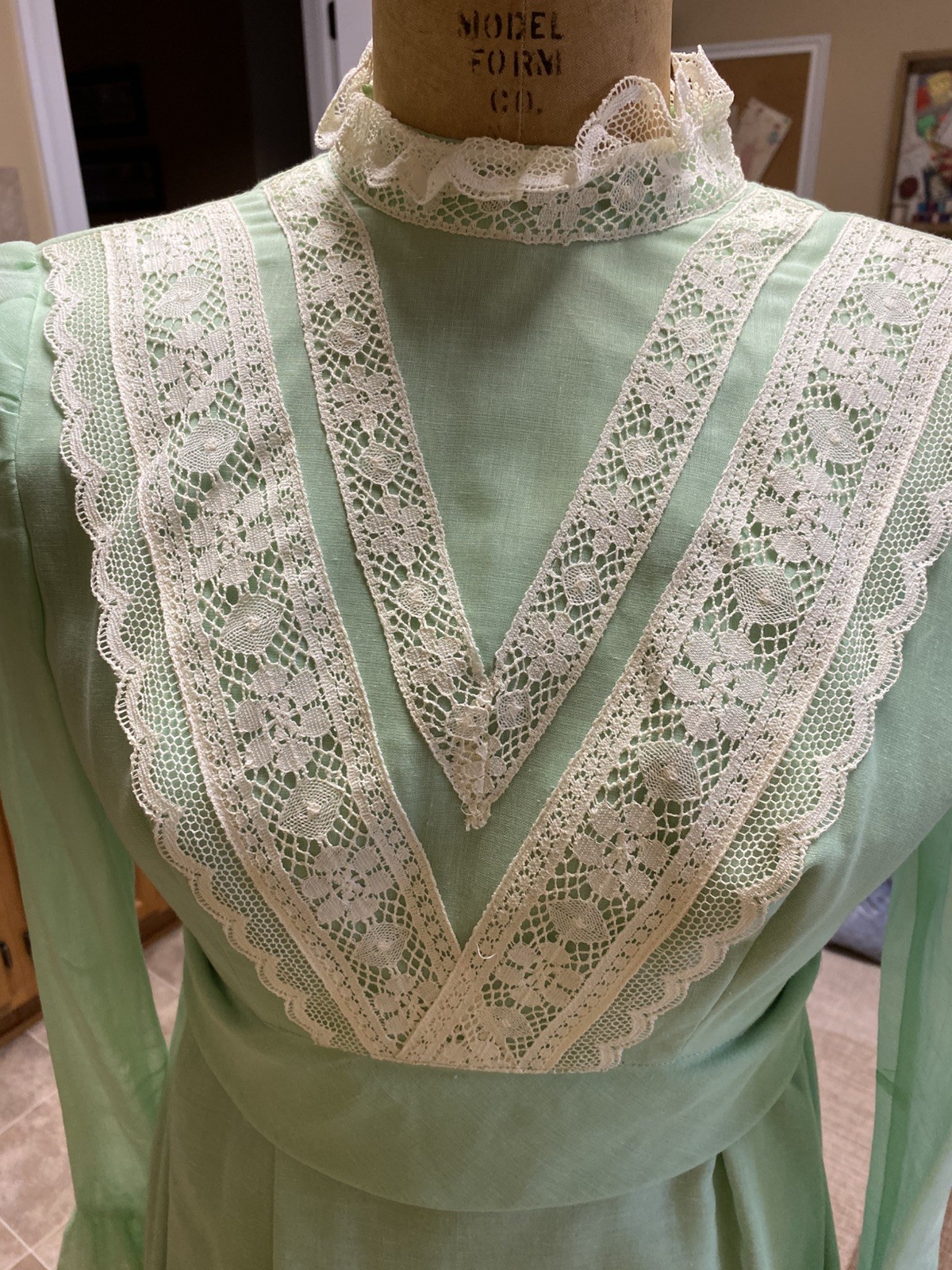 Vtg 70s Mint Green Chiffon Maxi Bridesmaid Dress Lace trim, high neck