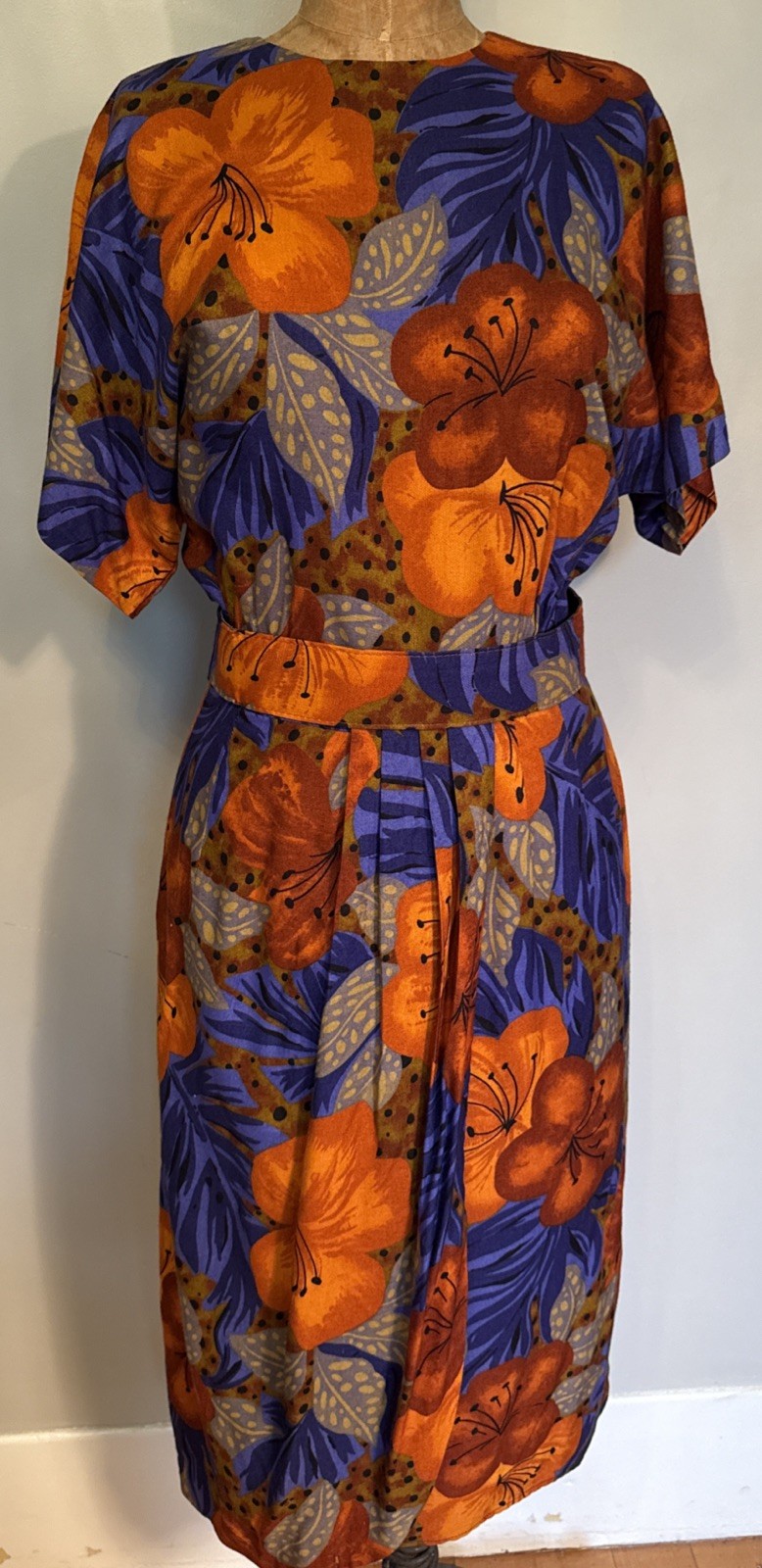 Vintage Jeffrey & Dara Tropical Print Faux Wrap Pencil Wiggle Dress Belt 5/6 USA