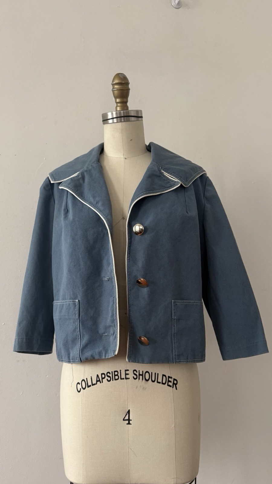 1950s Sailor Collar Cropped Jacket Dusty Blue Rayon Faille Nautical Sportswear