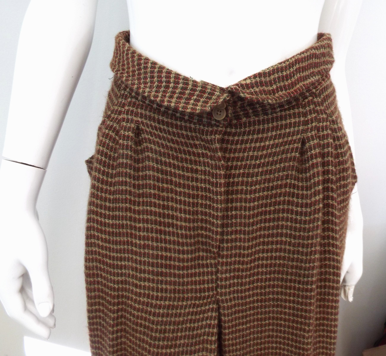 Vintage Giorgio Armani Brown Plaid Wool Blend Maxi Skirt 44 Fold Down Waist