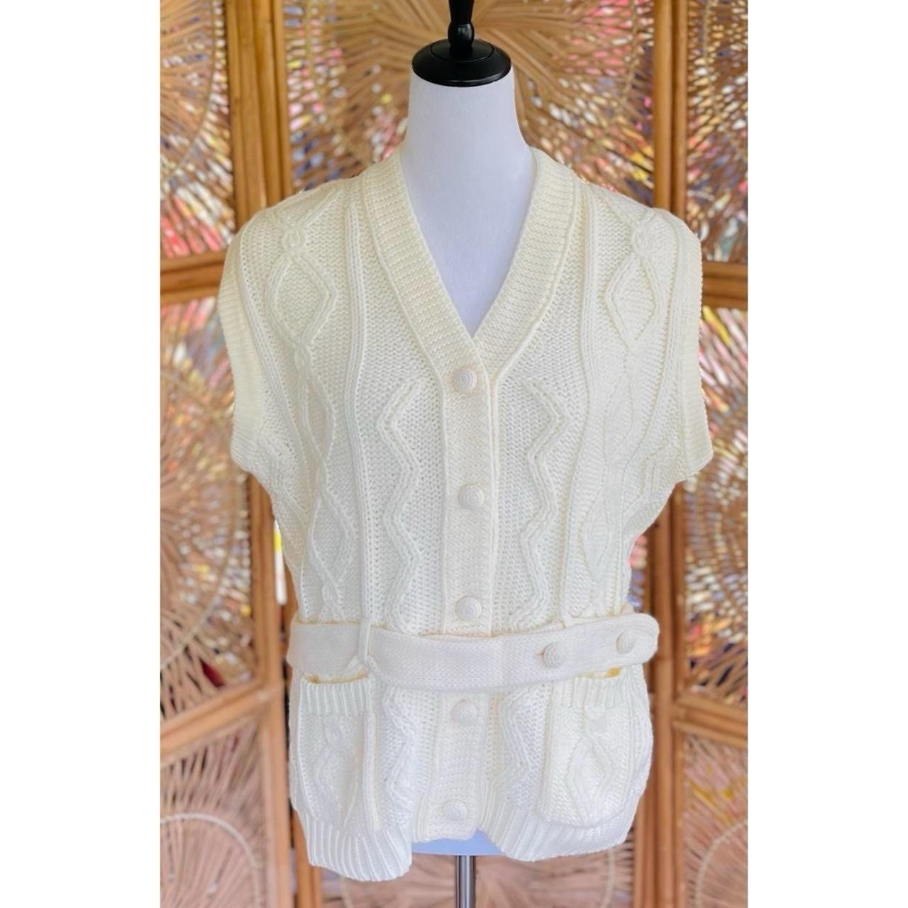 Vintage Hand Full Fashioned Hand Loomed Ivory Knit Belted Sweater Vest