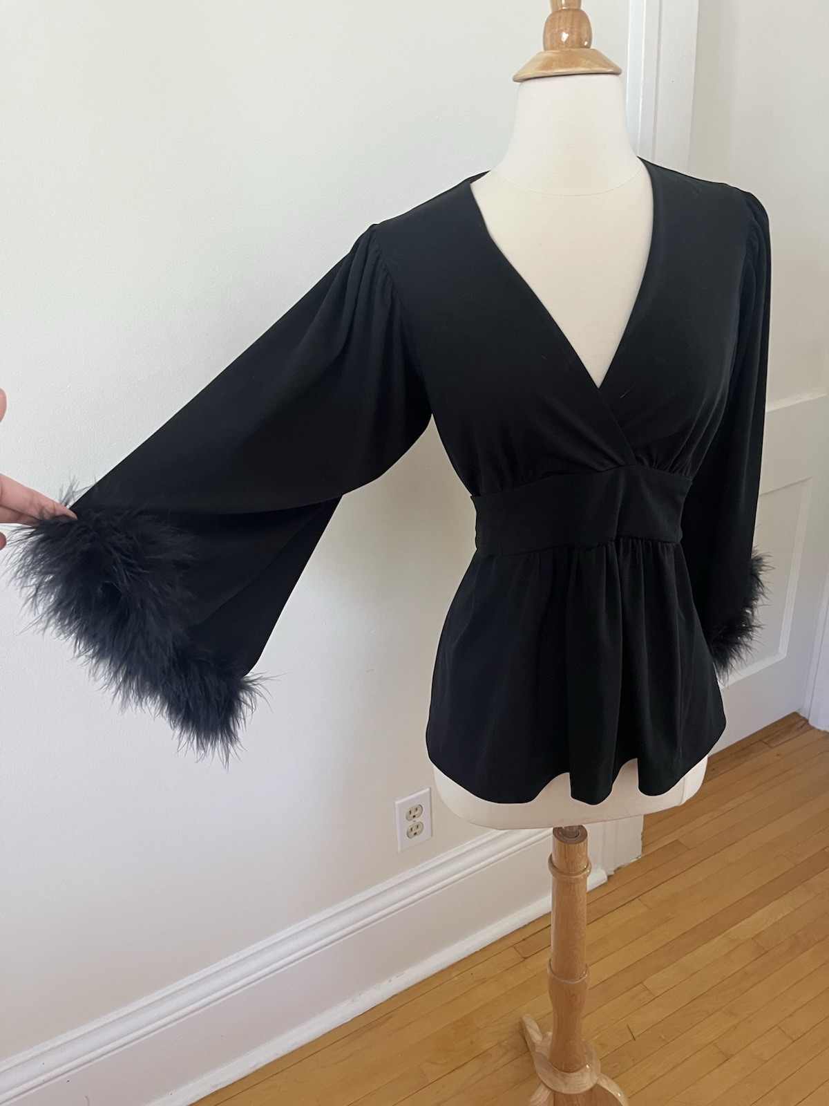 Vintage 1970s Black Polyester Wrap Top Fur Bell Sleeves V-neck