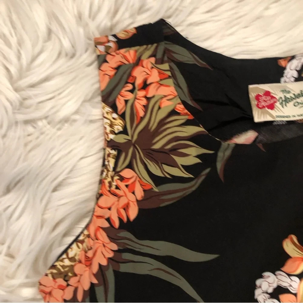 Vintage Hilo Hattie Hawaiian Pineapple Hibiscus Print Sleeveless Black Dress S