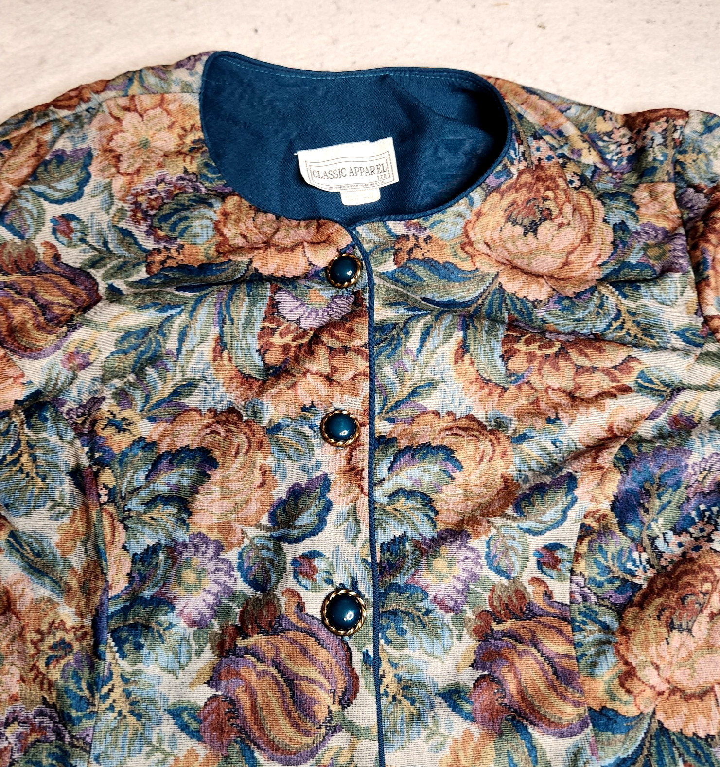 Classic Apparel Womens Blazer Sz 24W Blue Brown Floral 3/4 Sleeve Buttons