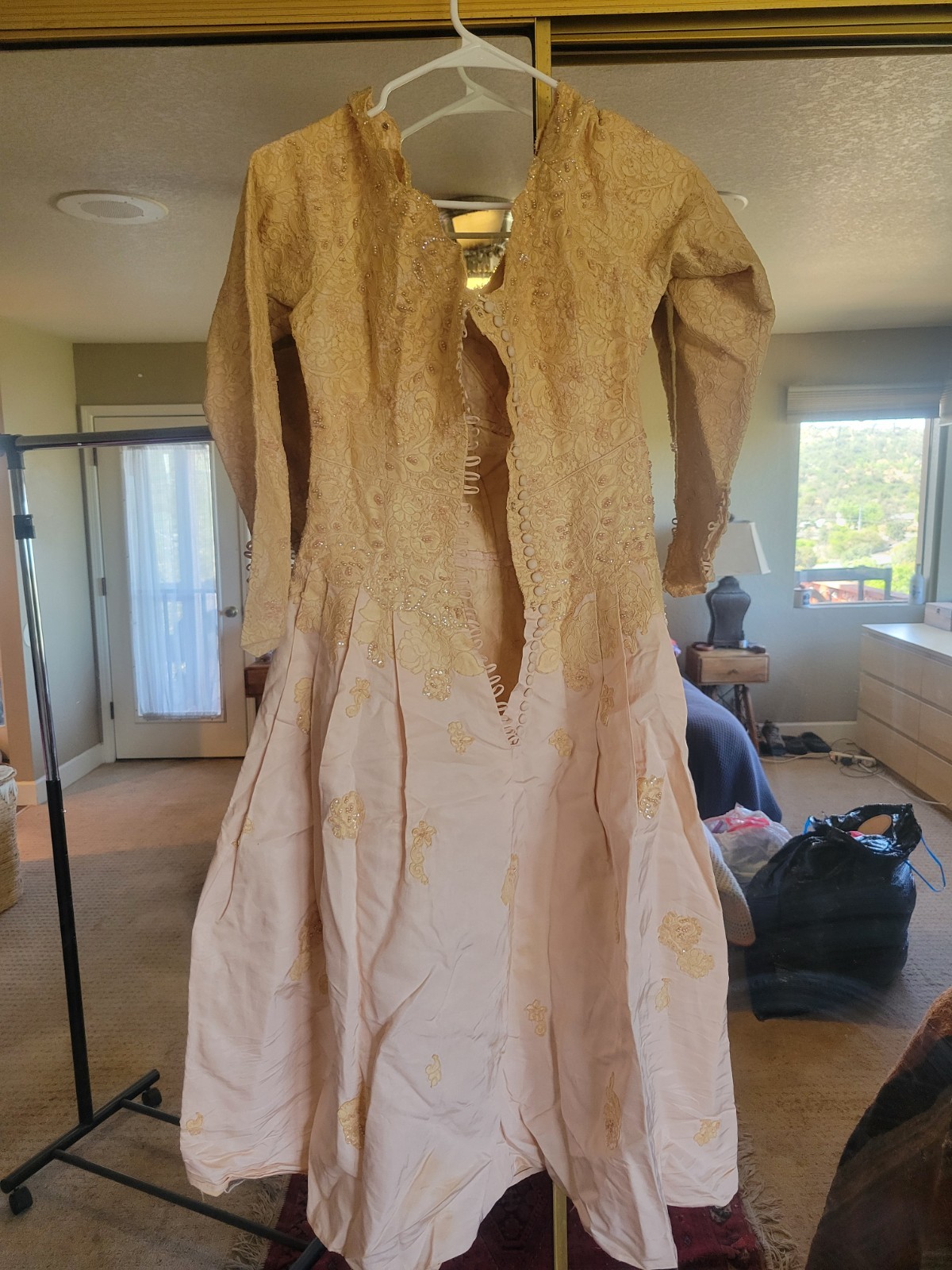 BEAUTIFUL HANDMADE 1920S 1930S NUDE BLUSH BEADED LACE WEDDING DRESS MUST SEE !