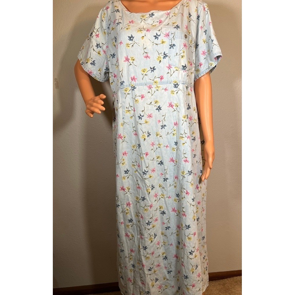 Vintage Denim Dress Robbie Bee Floral Maxi 18W Cottagecore Blue Cotton Garden