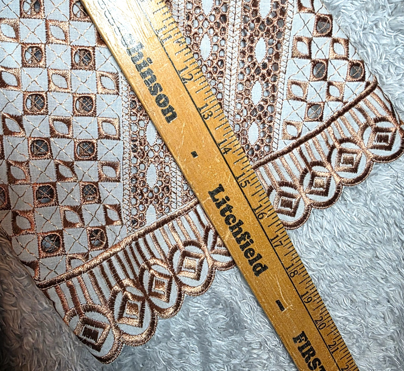 Vtg 70s Guipure Lace V-Neck Top Copper Geometric Cutwork Boho Scalloped Peplum M