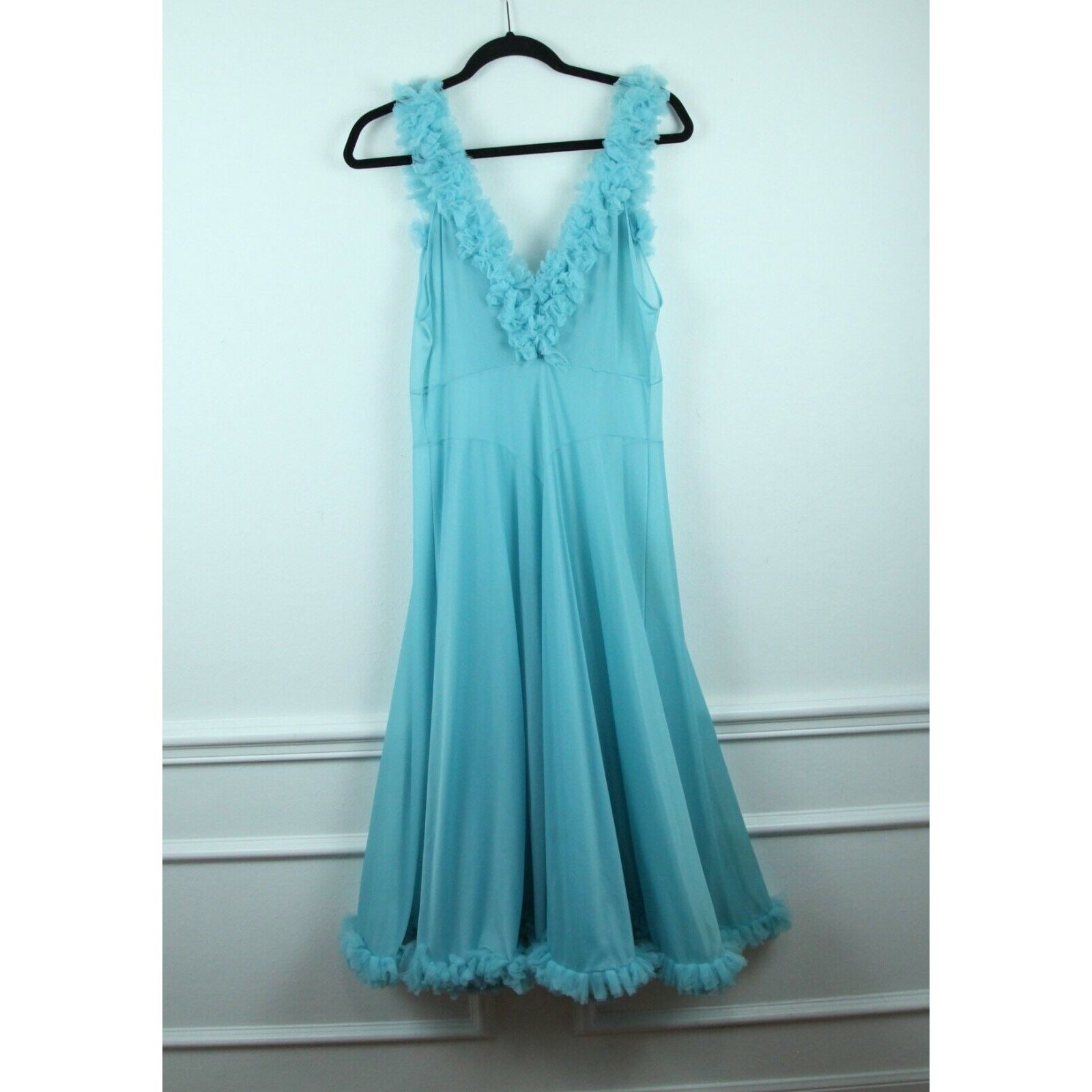 Vintage 60s Long Nightgown Blue Ruffle Coquette Size 38 Glam Babydoll Elegant