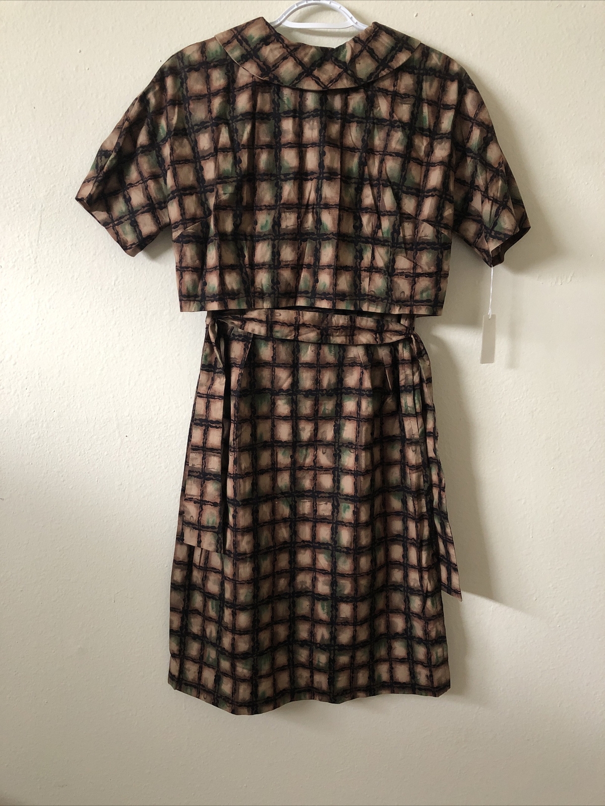 VTG 1950s 3pc Cotton Dress Set Brown Green Black Print Size S/M New Old Stock