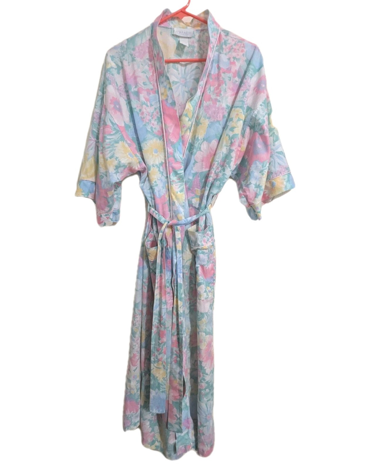 Vintage Komar Floral Robe Housecoat Size XL Pastel Pockets Tie Waist 47&Prime; Length