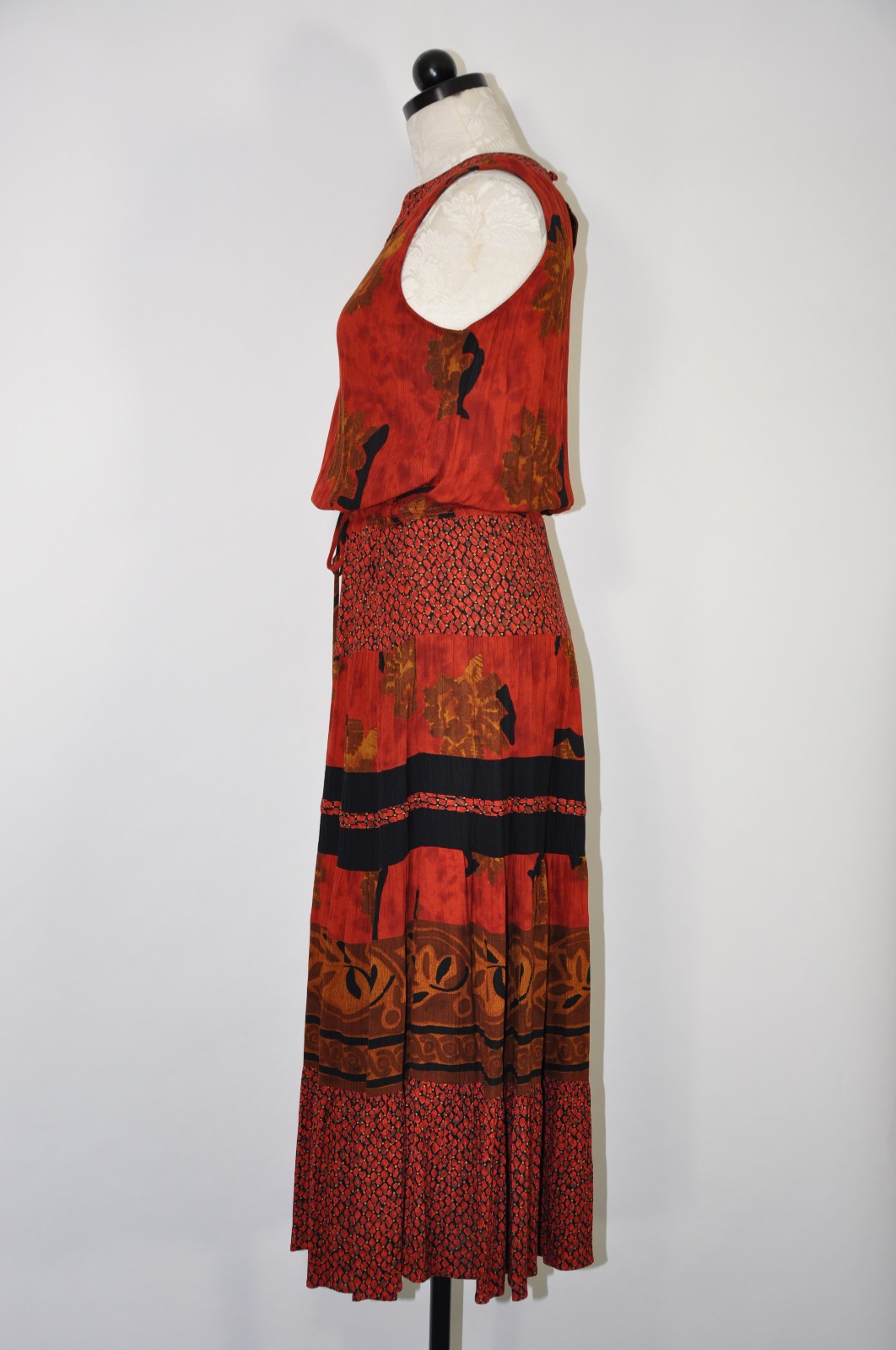 90s Vintage Rust Red Rayon Autumn Leaf Print Sleeveless Midi Dress Women S M