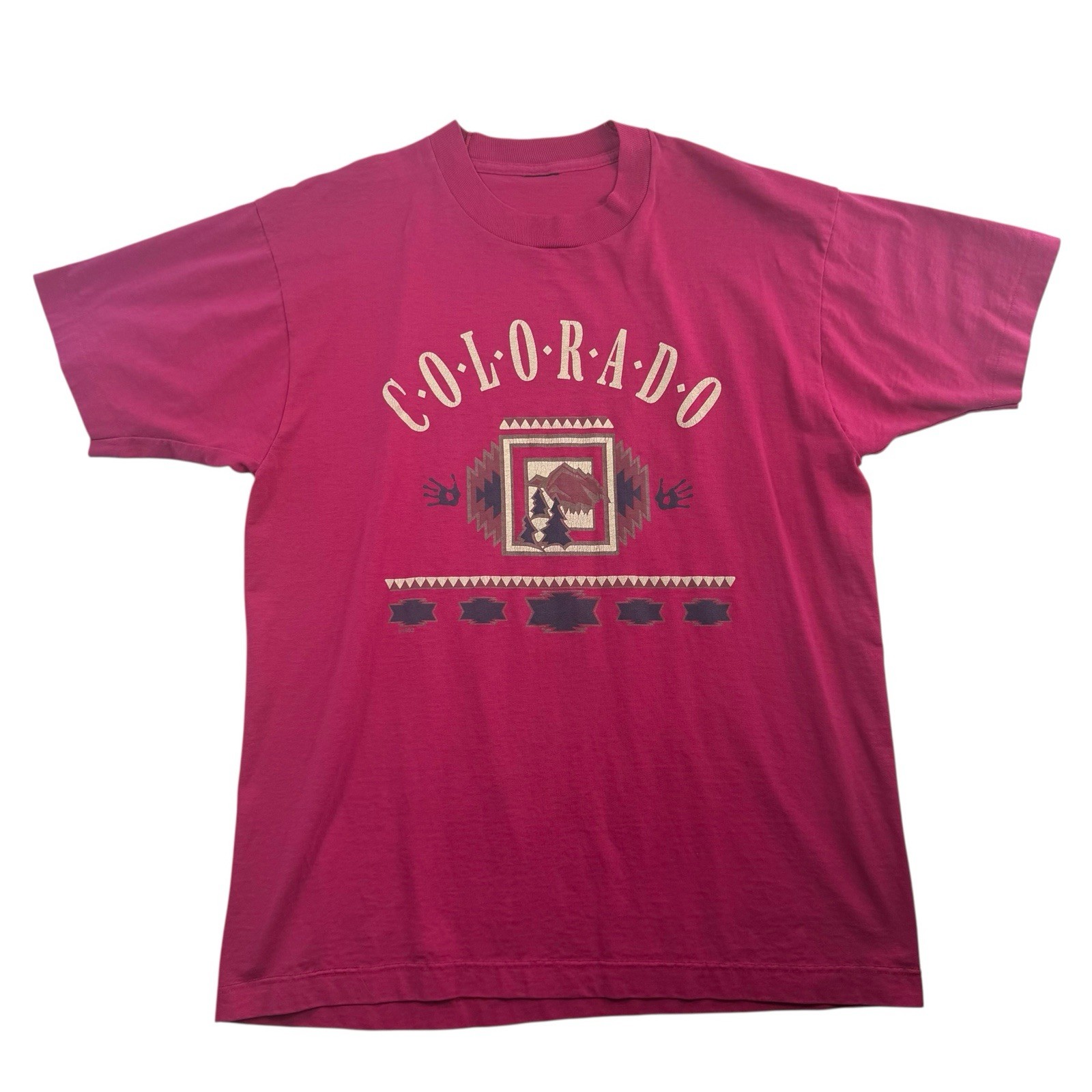 90s Vintage L Large Colorado Graphic T-Shirt Tee Pink Single Stitch Crew Neck