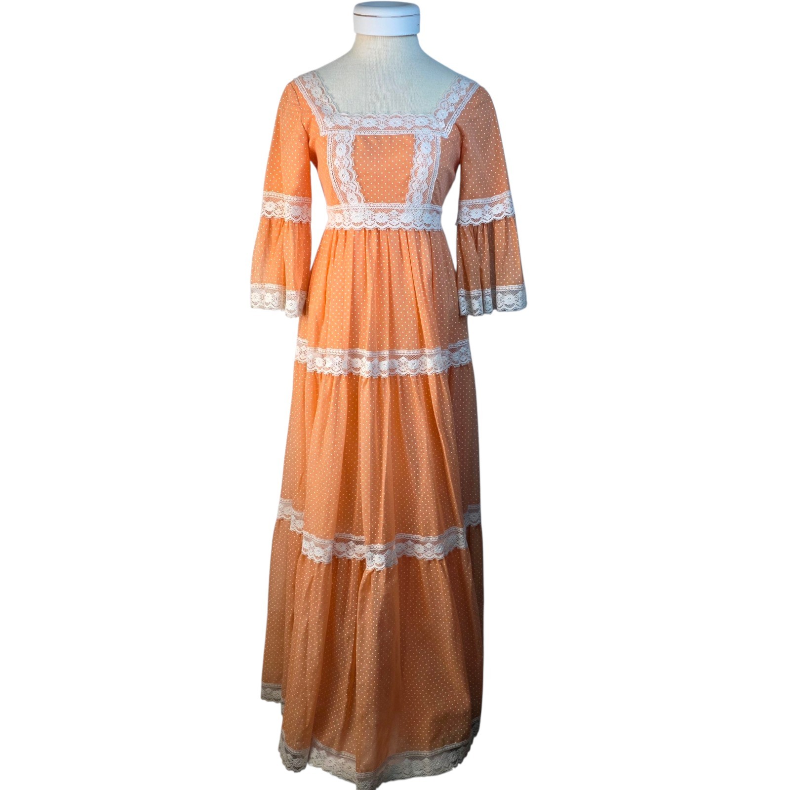 Nadine VTG 1970s Peach Polka Dot Lace Maxi Dress 7 Bell Sleeve Empire Waist