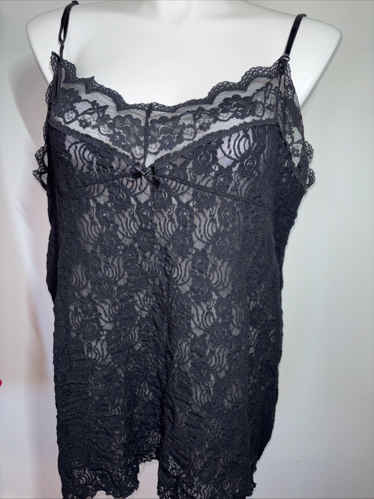 Vintage Mel-Lin 26/28 Full Figure Black Lace Chemise Slip Sheer USA Nightgown