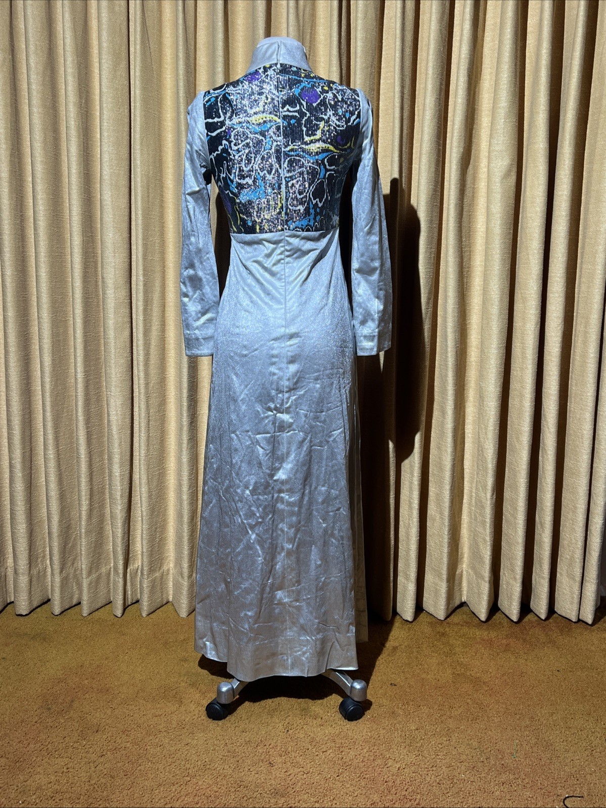 Vtg 1960s Liquid Silver Psychedelic Space Age Disco Maxi Dress With Bell Sleeves