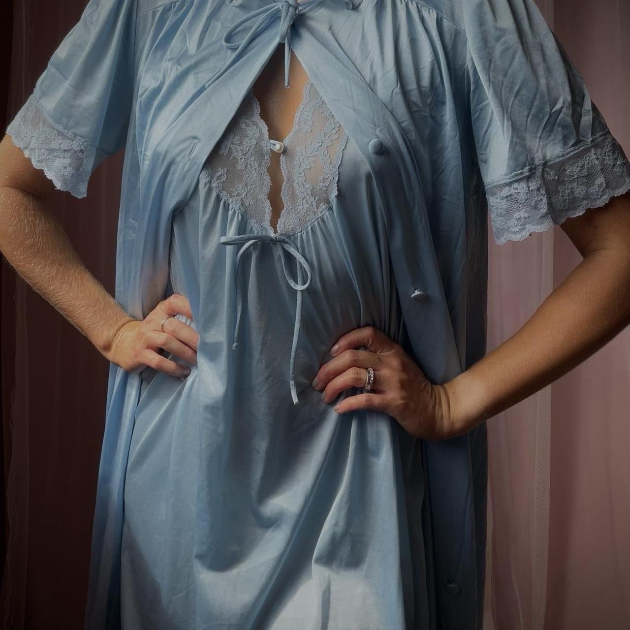1960s powder blue satin lace boudoir robe