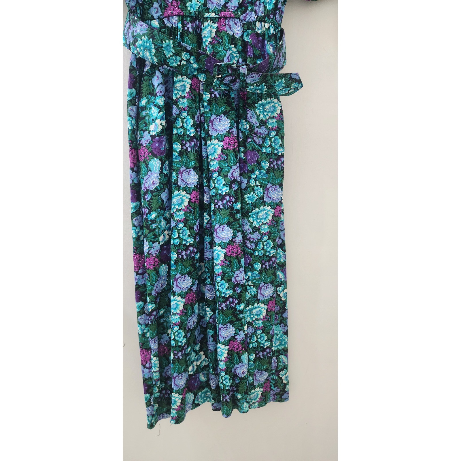 Michelle Stuart Vintage Floral Midi Dress Teal Purple Rayon Belted Size 8 USA