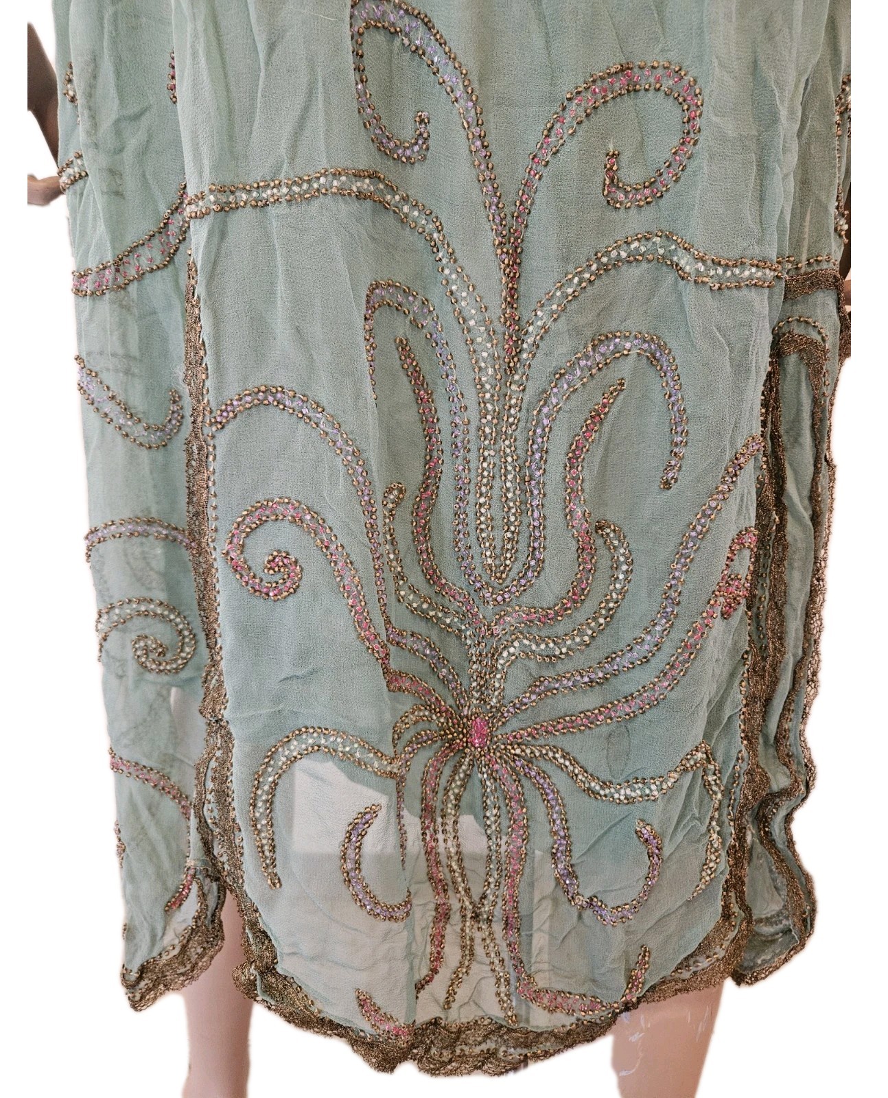 Antique 1920s French Beaded Flapper Dress Gold Lace Vintage Art Deco Bust 36