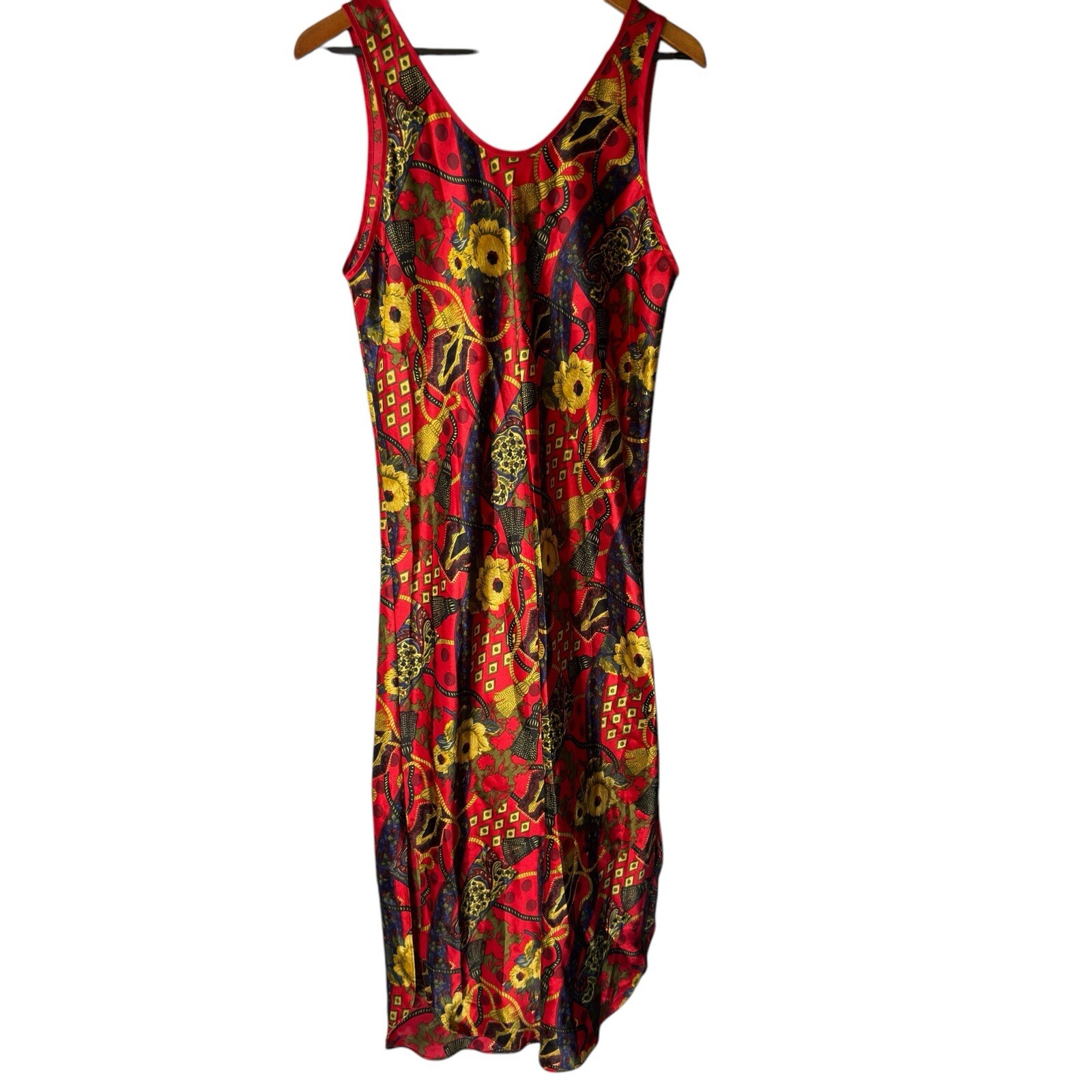 Vintage Vanity Fair Gown Red Floral Tassel Long Slip Dress SZ M Boho Nostalgia