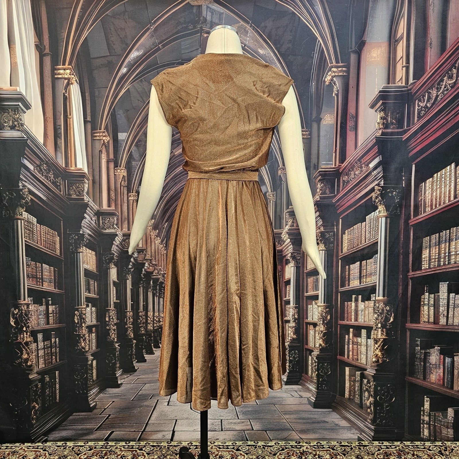 Vintage 1970s Dress Copper Brown V-neckline Cap Sleeve Tie Waist Circle Skirt