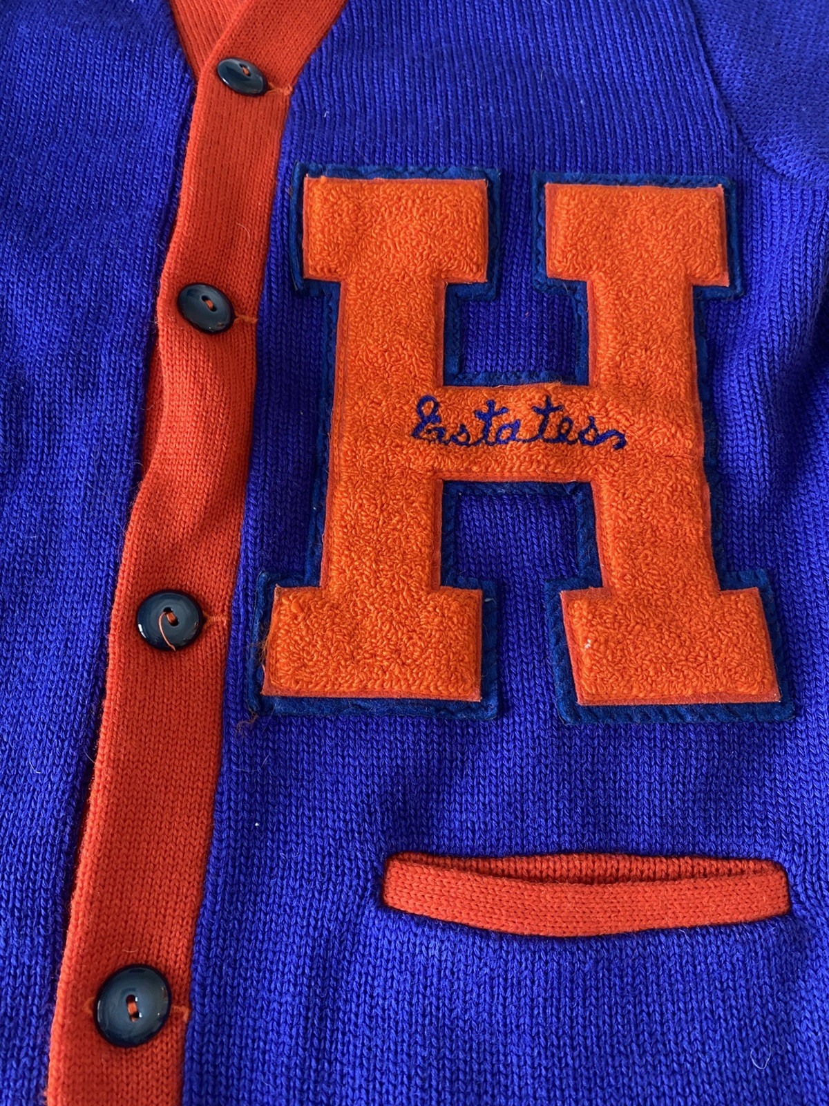 Letter Sweater, blue and orange, 1980s, Hoffman Estates plus letters