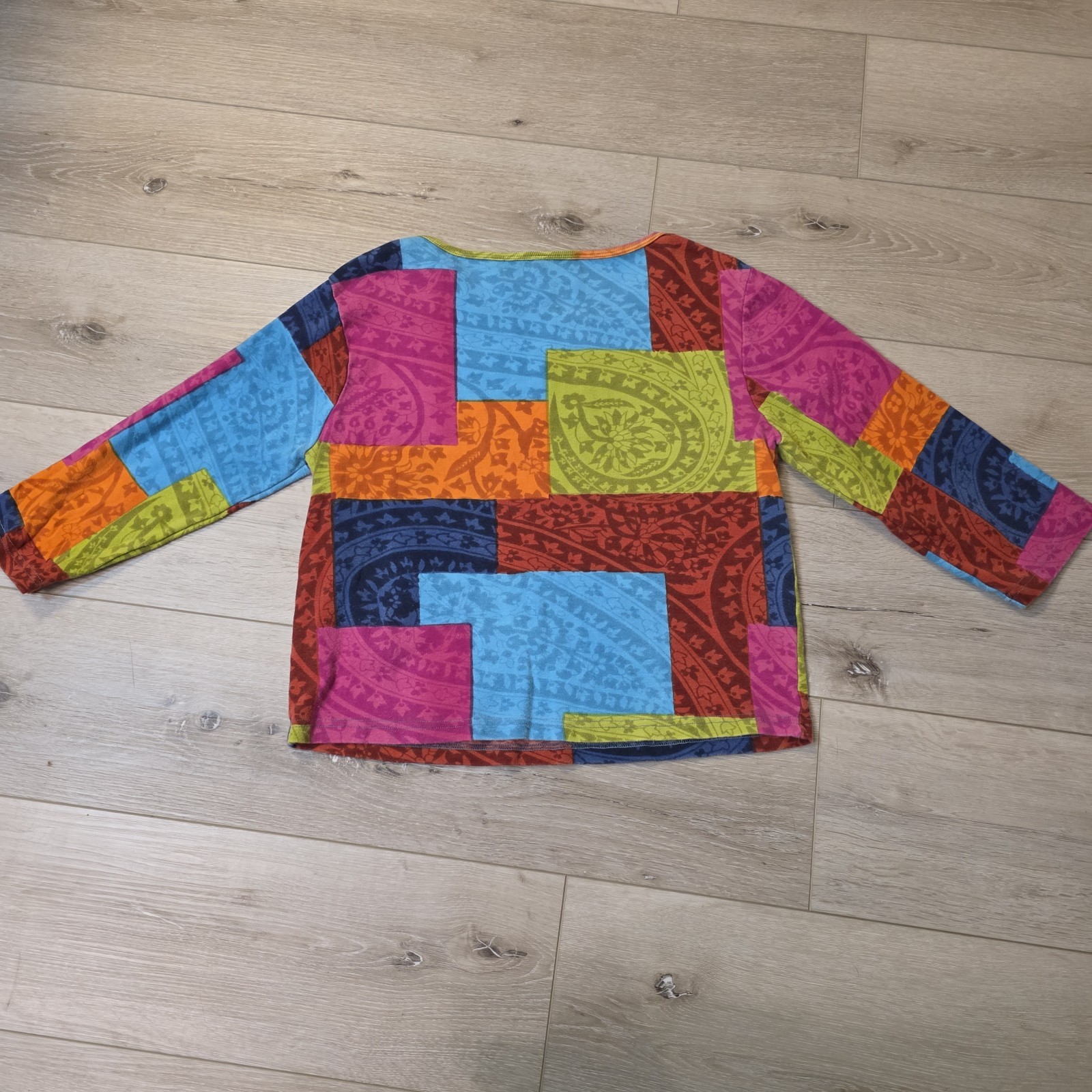 Vtg Womens Multicolor Patchwork Boho Hippie Core 3/4 Sleeve Cotton Top Sz Lg