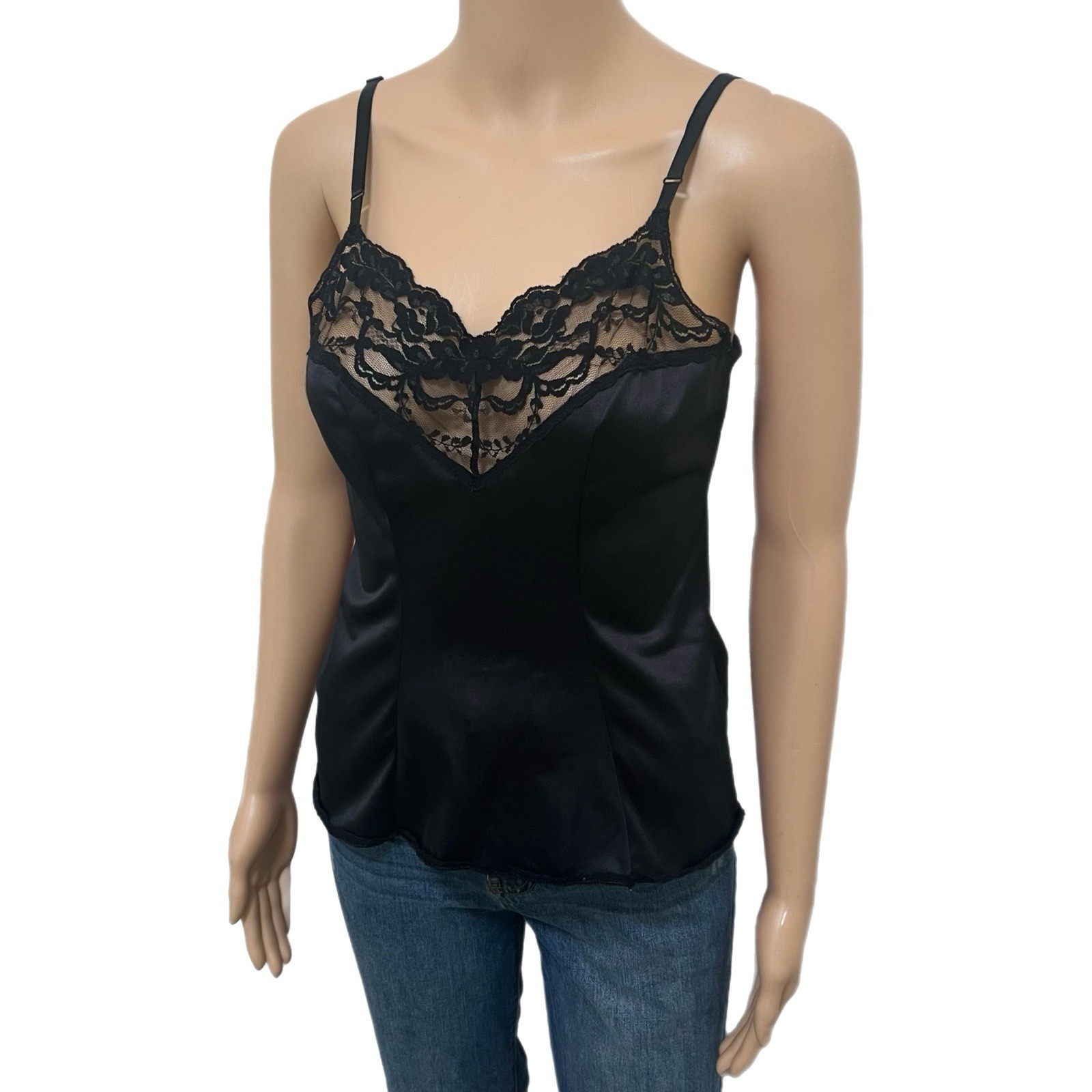 Vintage Vassarette Lingerie Top Womens 80s Black Lace Camisole Tank Top – S
