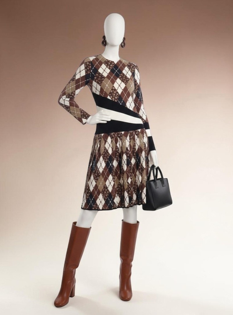 Eley Kishimoto Vintage 90s Wool Argyle Dress Brown Beige M Archive Preppy Luxe