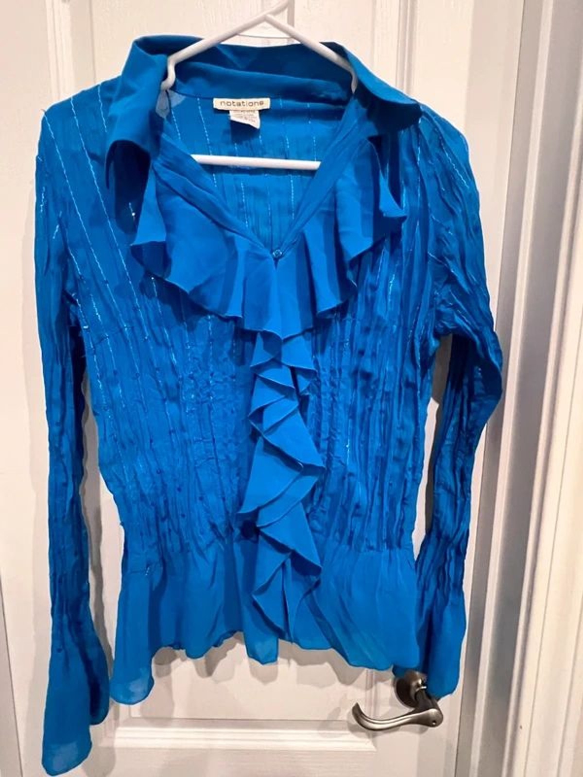 Notations Women’s Sheer Ruffle Front Button Blouse Blue Size Small