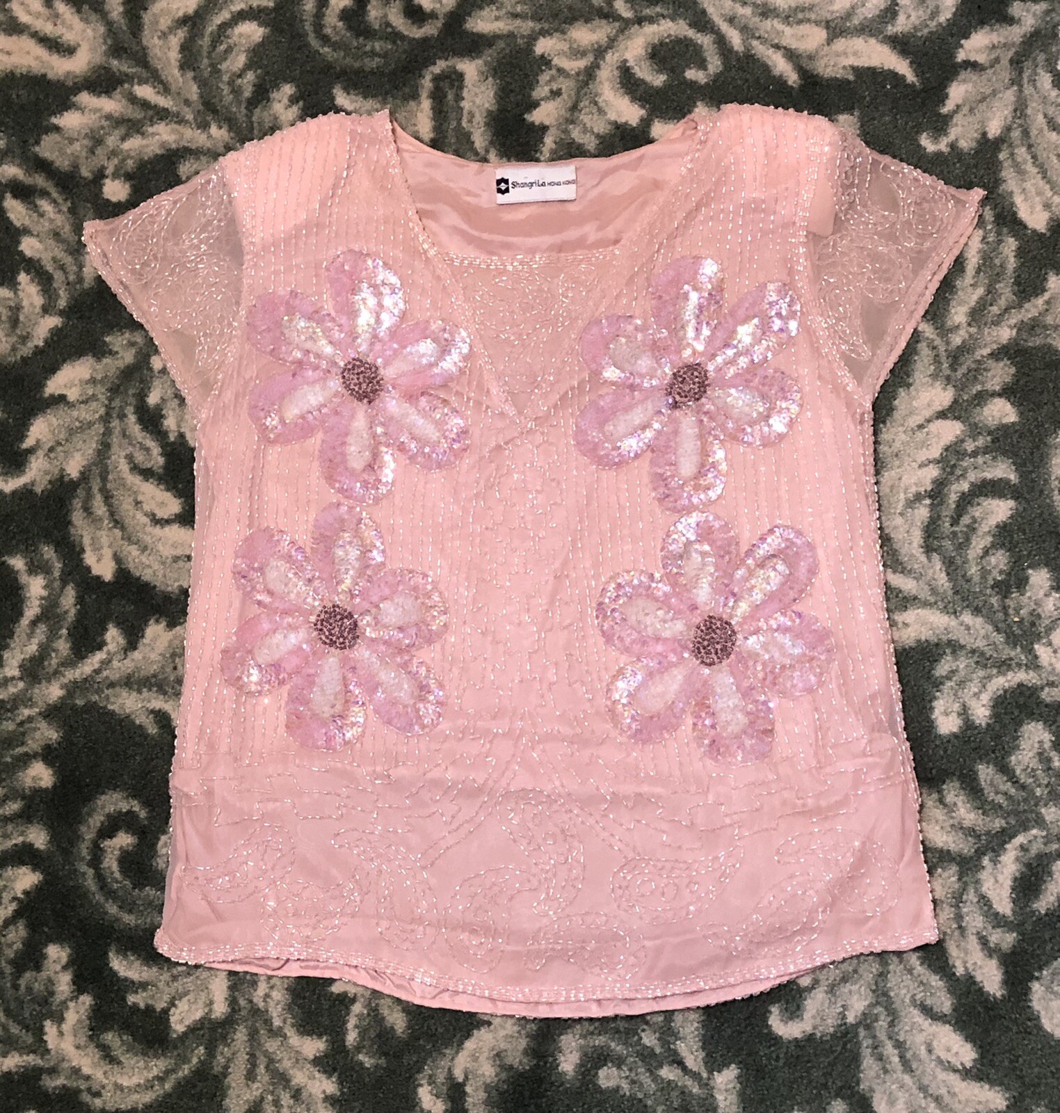 Vintage Beaded PINK Sequins Silk Women’s Shangri-La Hong Kong Shirt Blouse Top M