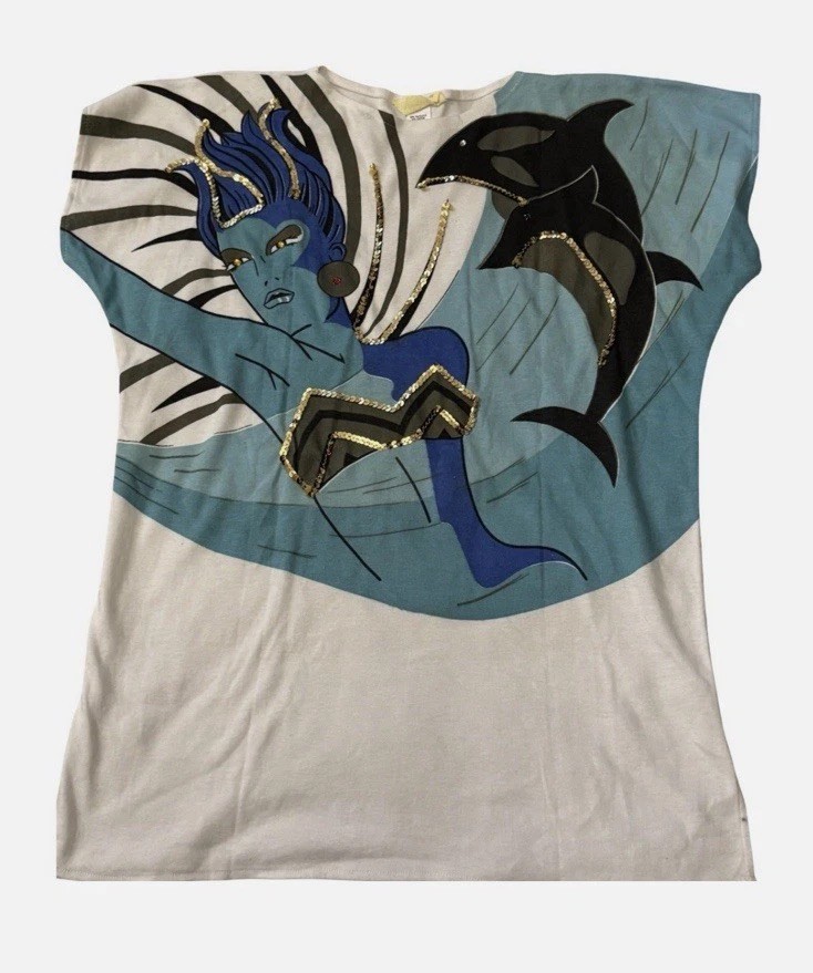 Vintage 80s Wearable Art Dolphin Mermaid Sequin Graphic Tunic Tee Made in USA
