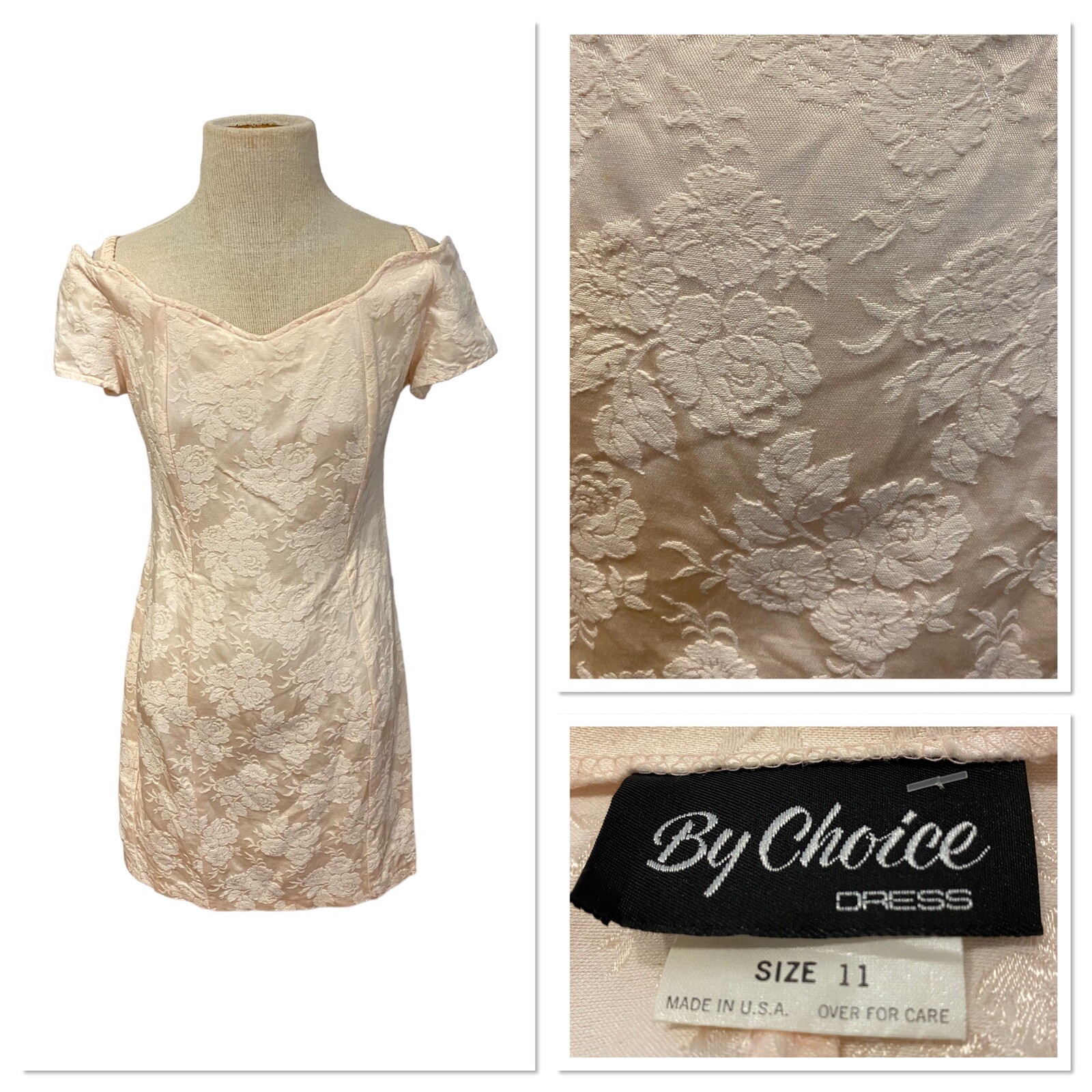 Vintage 90’s By Choice Off Shoulder Light Pink Floral Dress Brocade Size 11
