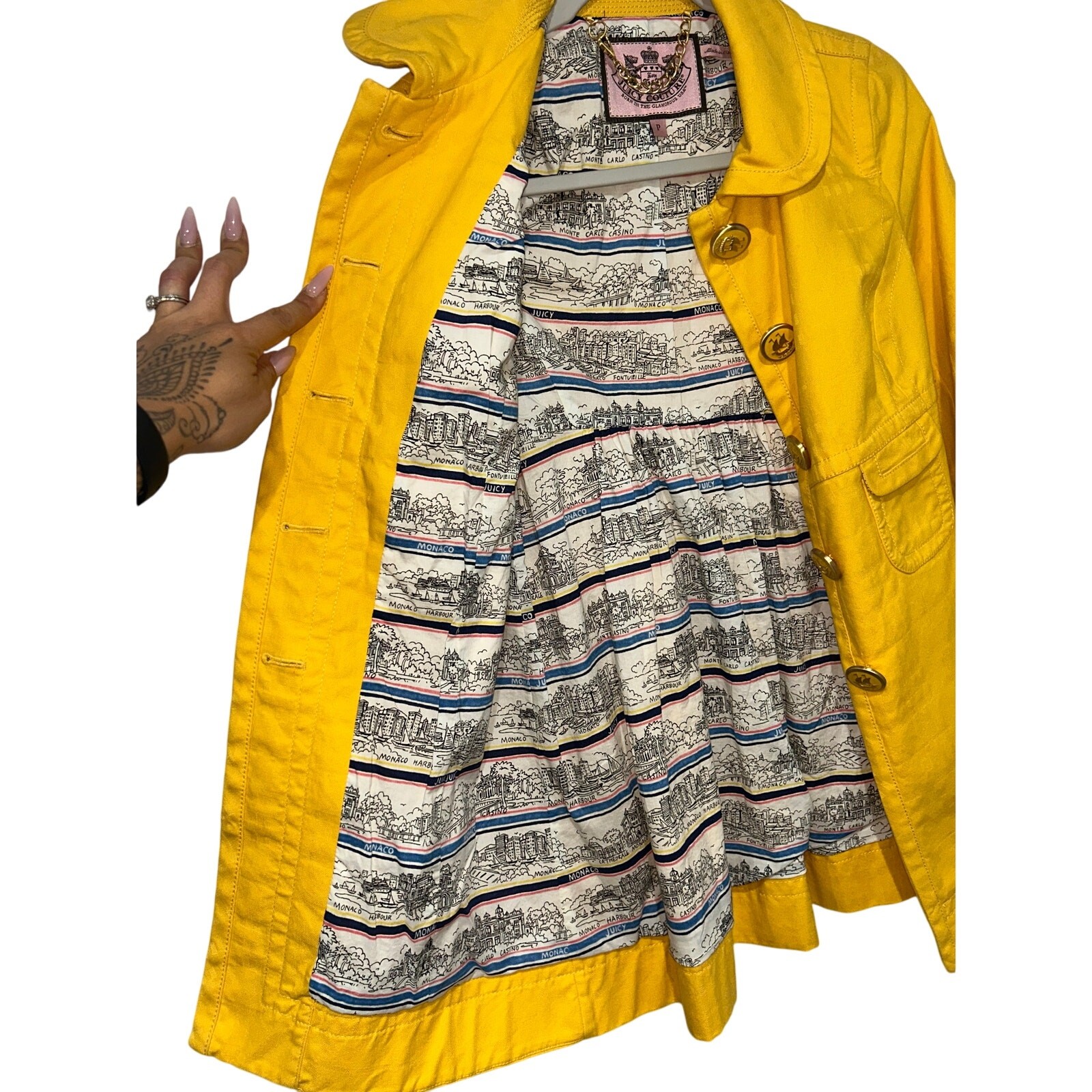 Y2K Authentic True Vintage Juicy Couture Yellow trench coat Monaco map p/small
