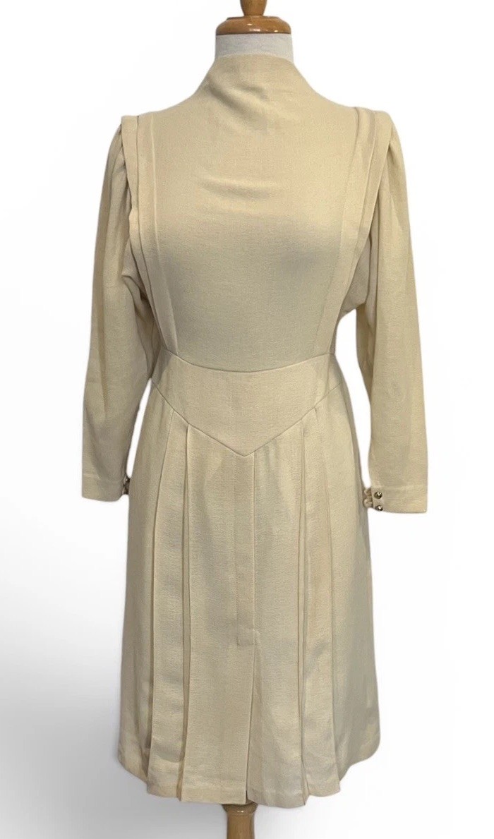 Vintage Cream Long Sleeve Dress | Mock Neck Dress | Minimalist 1980s Dress