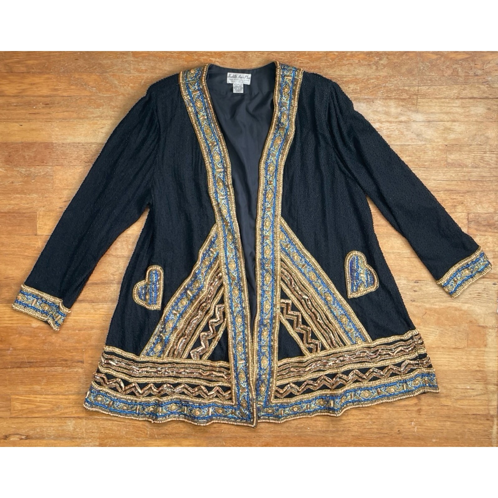 Vintage Beaded Silk Long Jacket Size XL 1980s Embroidered Wood Beads Open Front