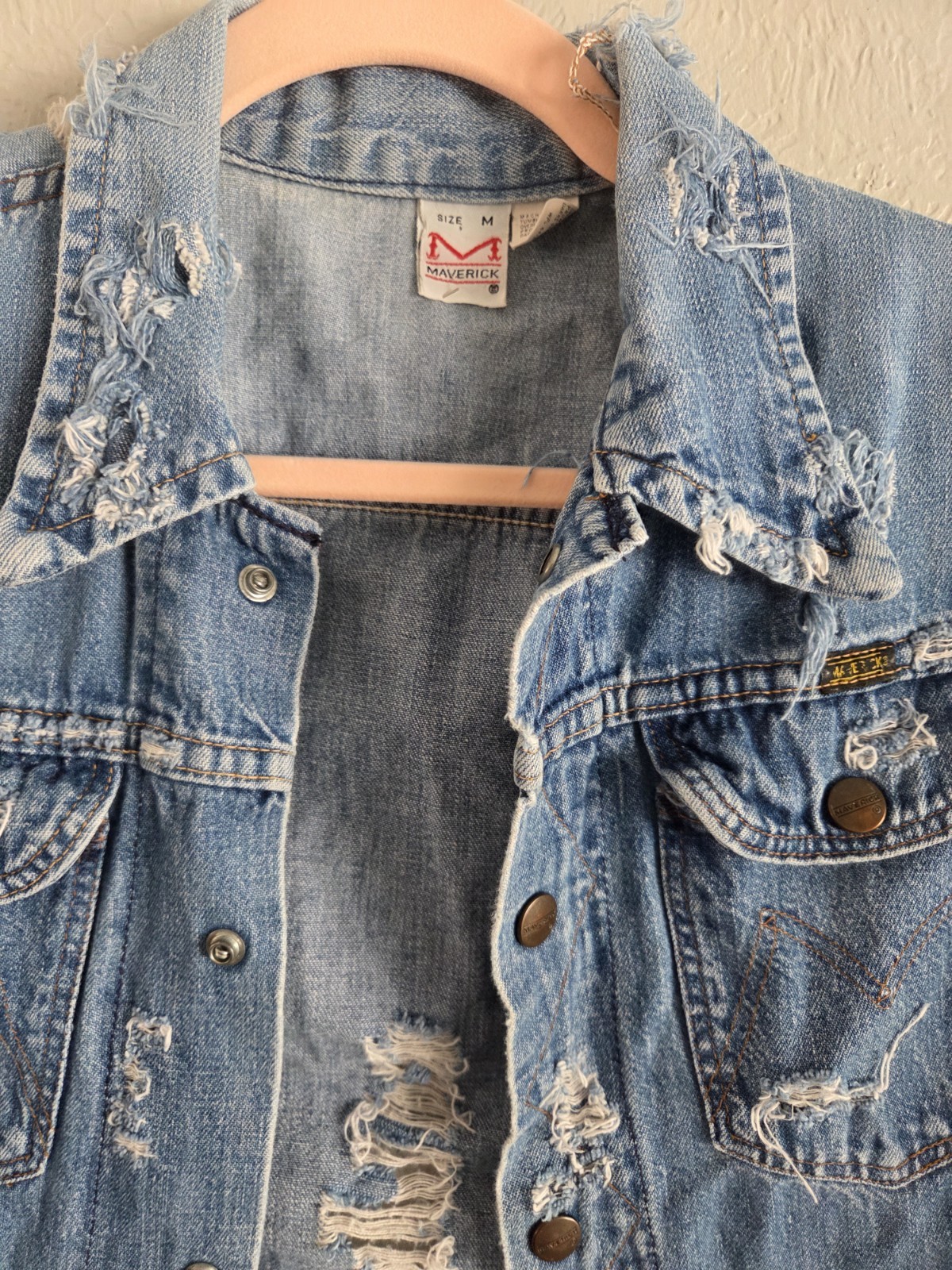 Vintage Maverick White Label Distressed Denim Jacket Medium Y2K